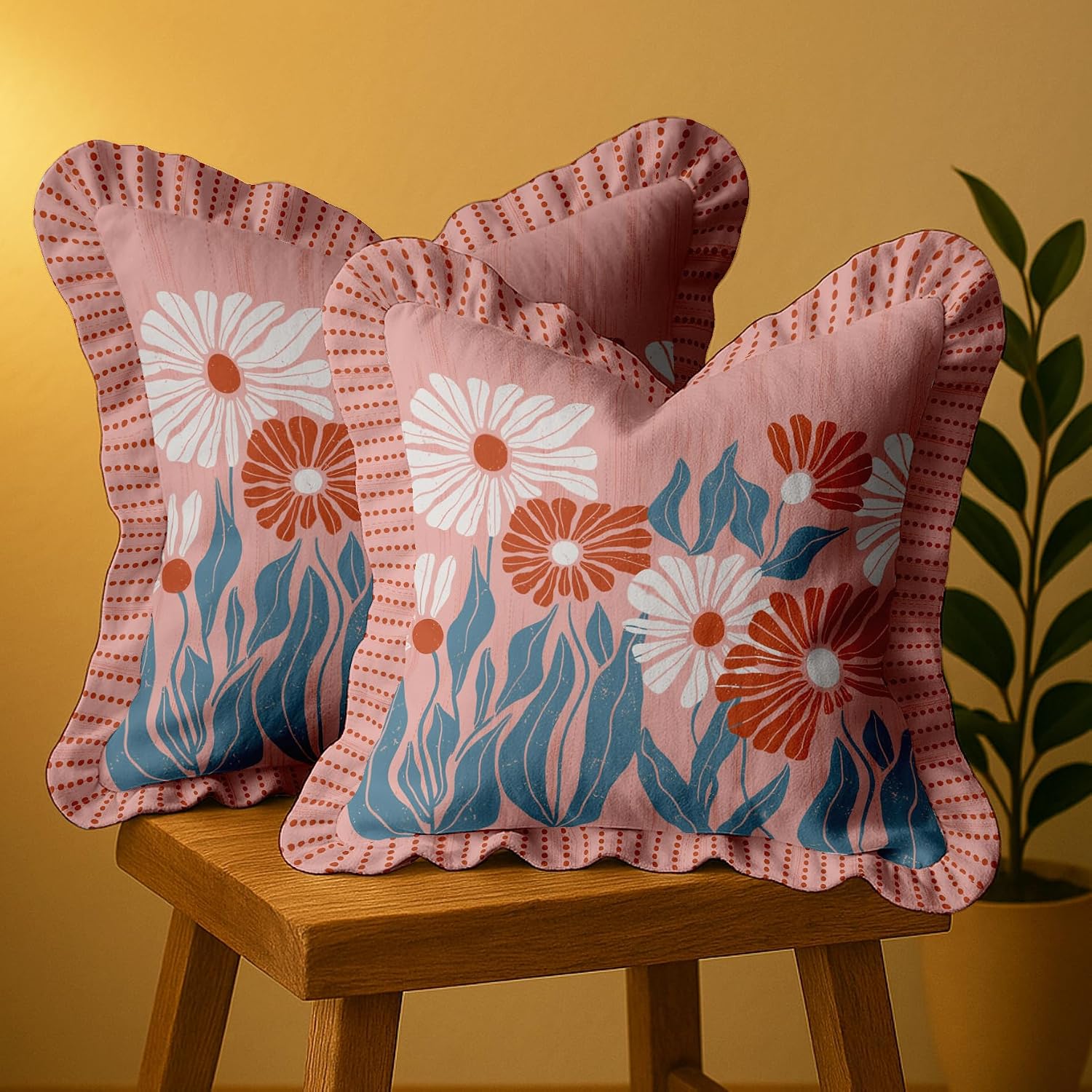 16x16 Cotton Cushion Covers Set of 2 - Double-Sided Printed Frill Pillow Covers with Zipper, Floral Print, Farmhouse Style, 100% Cotton Twill, No Filler