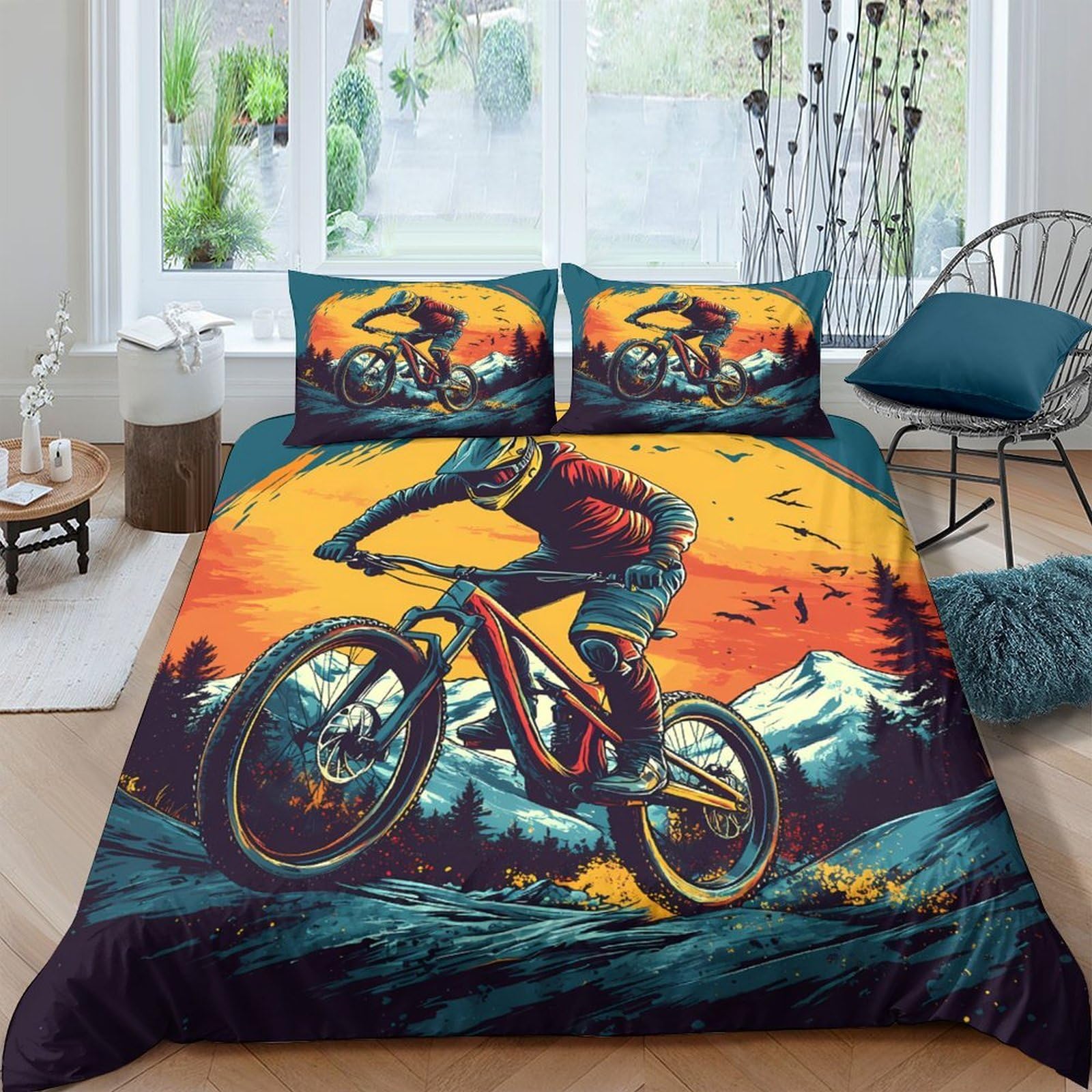 Ctjqhvkz Style-2 3D Printed Mountain Sunset Fitted Sheet Microfiber Soft Breathable Cycling Graphic Bed Cover For Bedroom Dorm Apartment Mattress Protection Single（135X200cm）