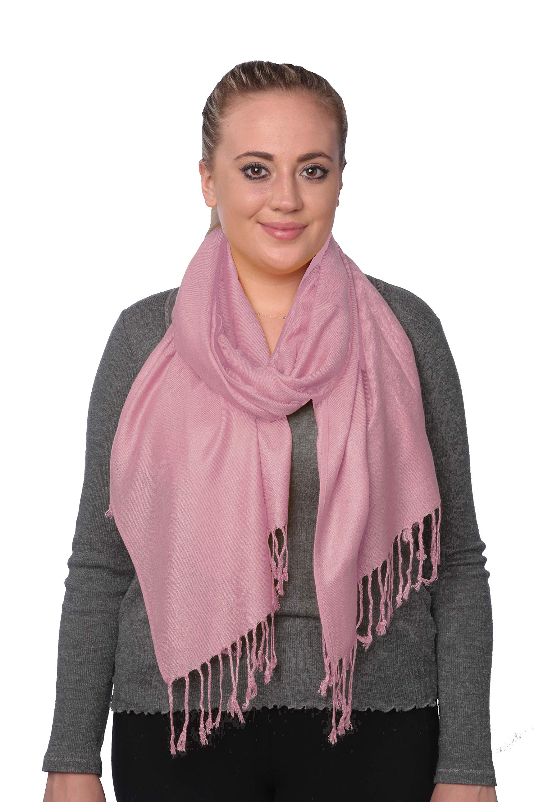 C-More Elegant Pashmina Silk Blend Soft Wrap Scarf Shawl for Women -30+ Solid Colors (Pink)