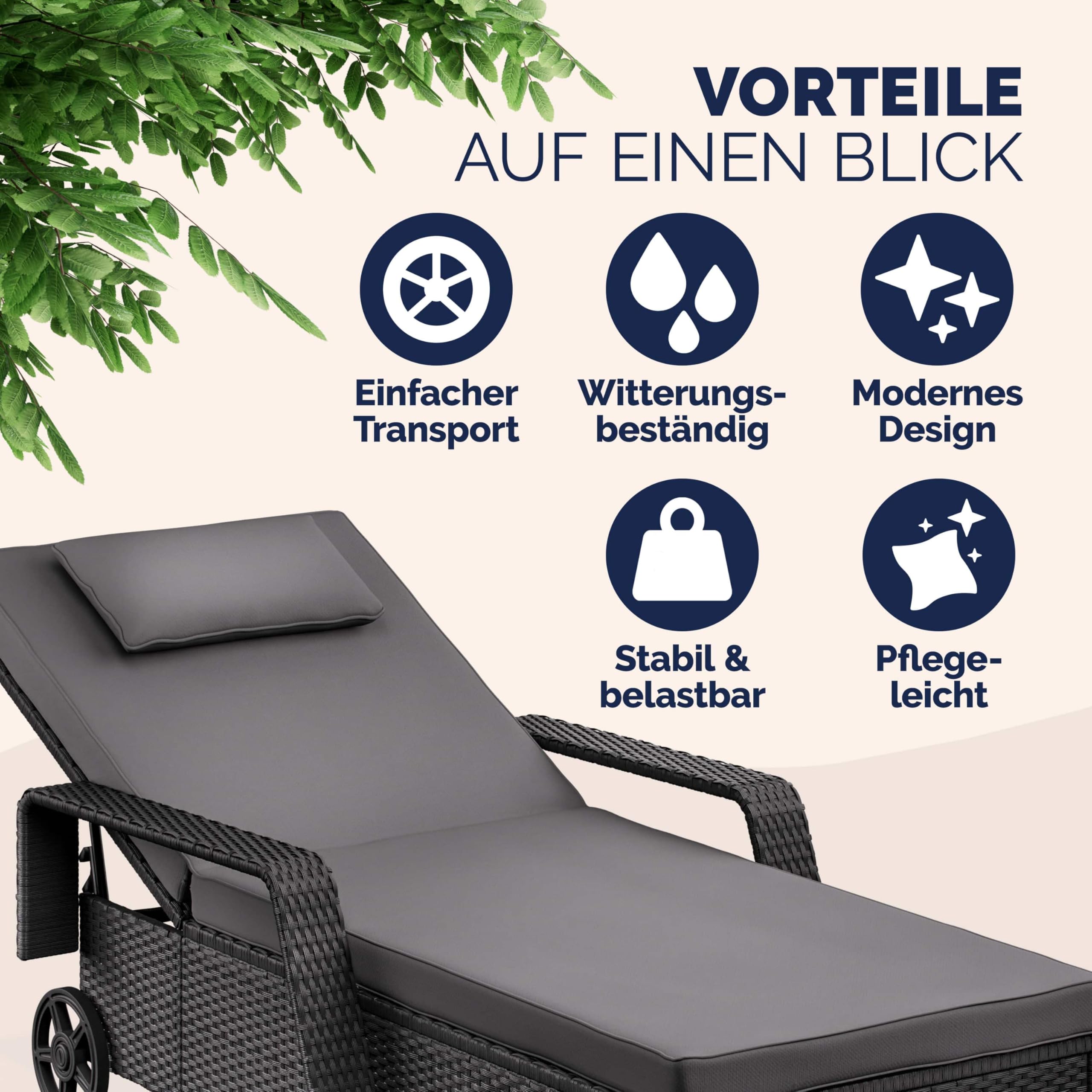 Casaria® Sonnenliege 2er Set mit Rollen 7cm Auflage Extra Breit 90cm Gartenliege Wetterfest 165kg Belastbar Terrasse Balkonmöbel Liegestuhl Schwarz Anthrazit