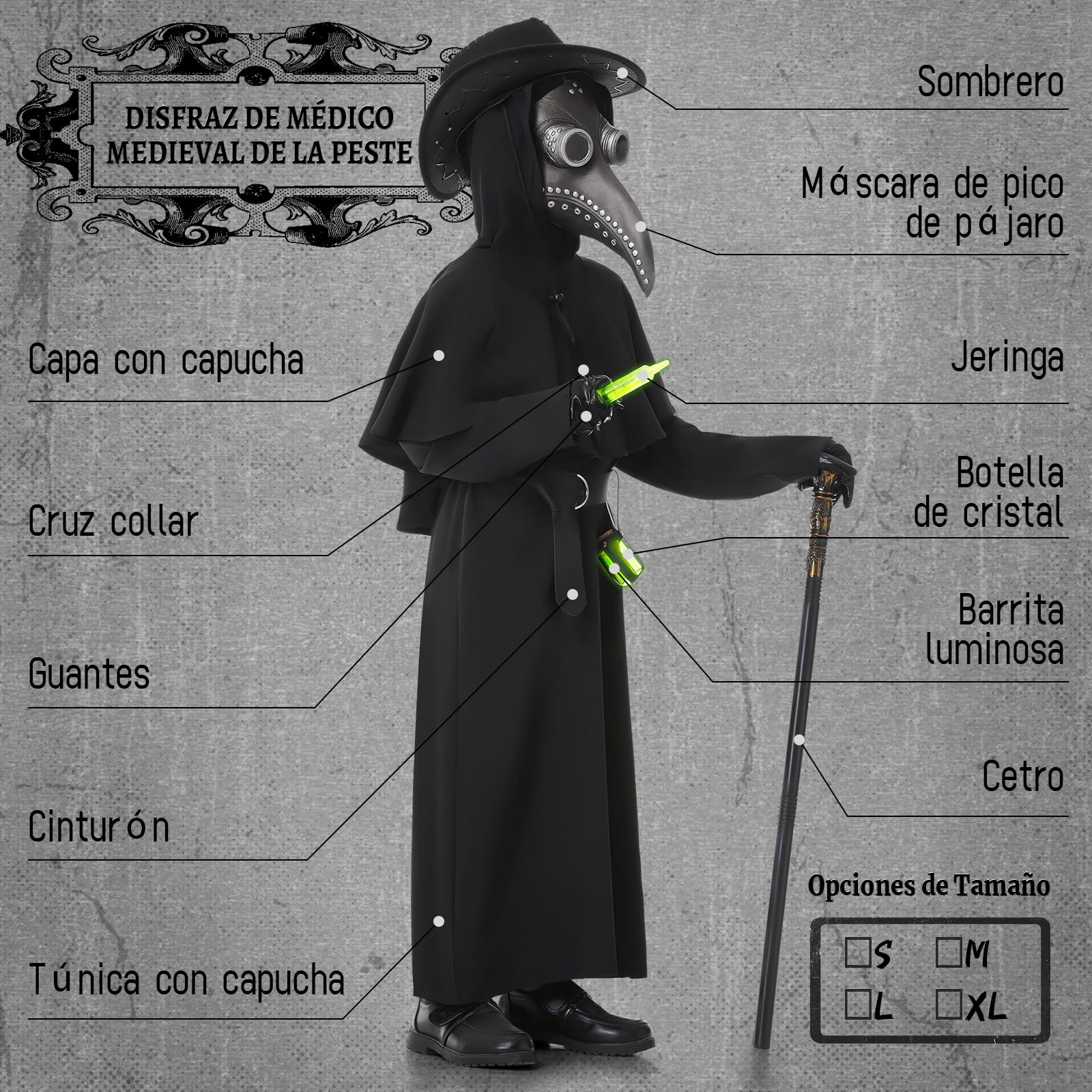 Disfraz Peste Negra Niño, Disfraz Medico Peste Negra Niño Carnaval Medieval con Máscara de Médico de la Peste Set de Accesorios para Cosplay de Carnaval (XL)