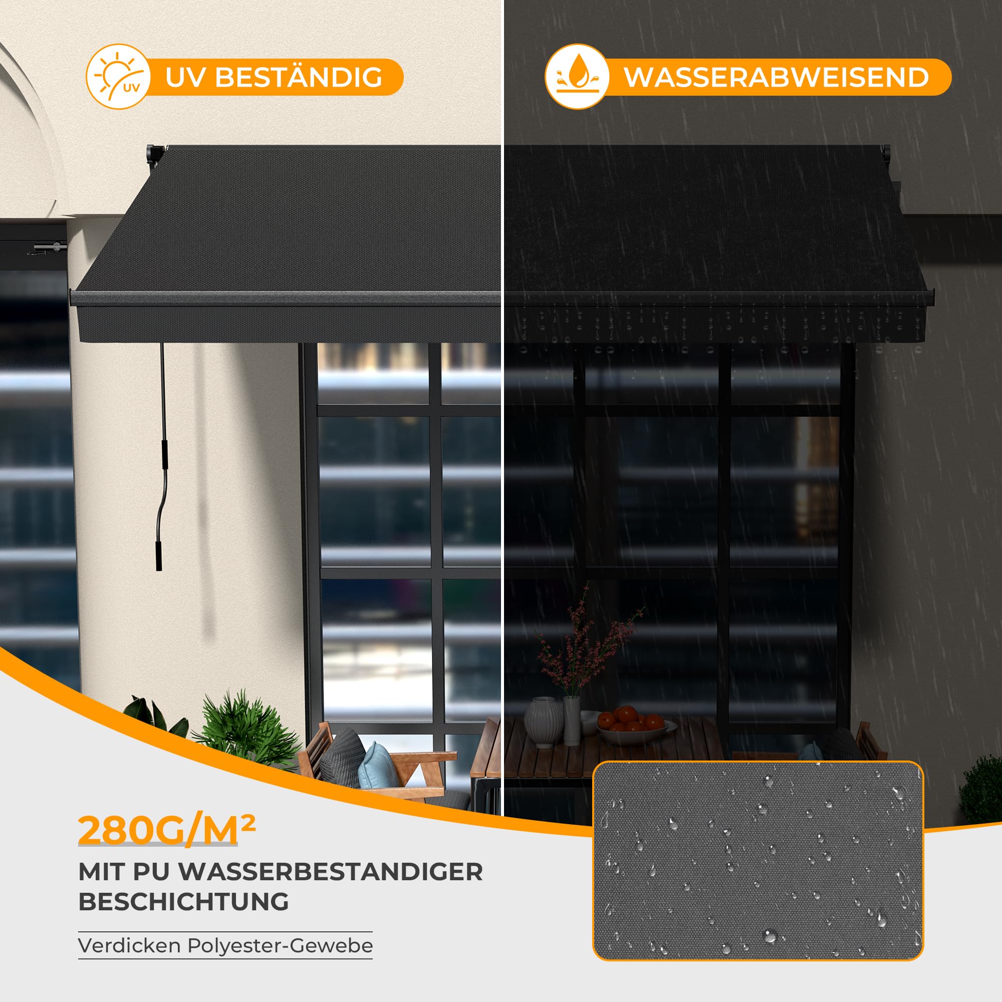 HOMEDEMO Gelenkarmmarkise Markise mit Handkurbel, 300x250cm, Anthrazit, Sonnenmarkise Terrassenmarkise Winkel Einstellung(5-60°), Balkon Markisen mit Wasserdichter Beschichtung inkl. Wandhalterung