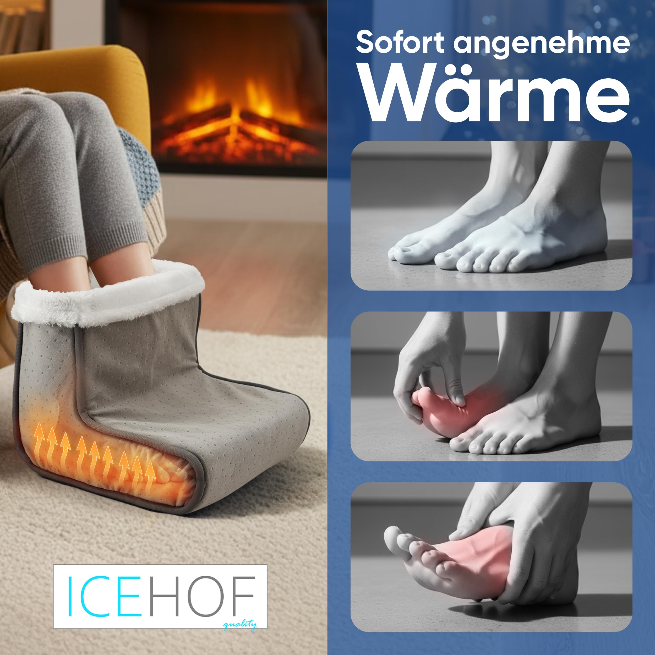 ICEHOF Fußwärmer elektrisch mit USB - 3 Heizstufen & Auto-Off - Kuschelweiches, waschbares Innenfutter - Fußheizung für Büro, Sofa & Homeoffice - Gegen kalte Füße, Damen & Herren