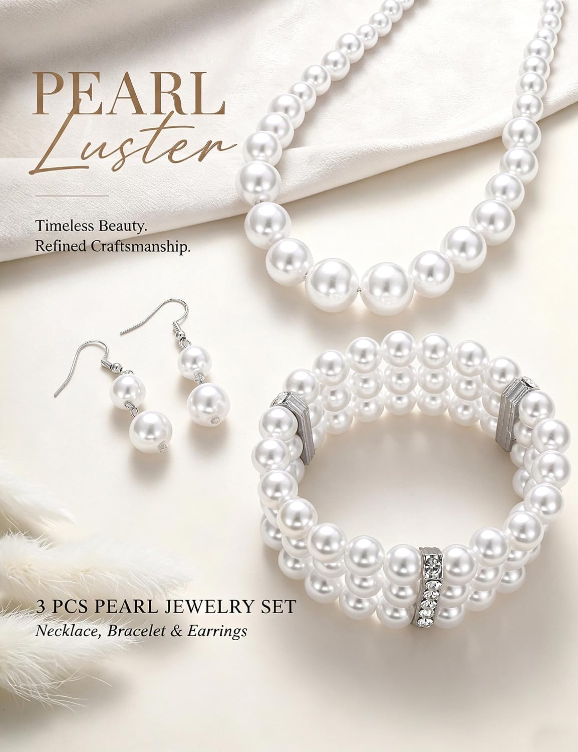 Tungary Pearl Jewelry Set for Women Adjustable Necklace Bracelet Earrings