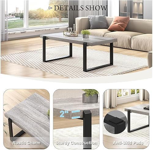 Miniatura 59 de FOLUBAN Mesa de centro rústica, moderna mesa central industrial de madera y metal para sala de estar, roble de 47 pulgadas Roble,Negro