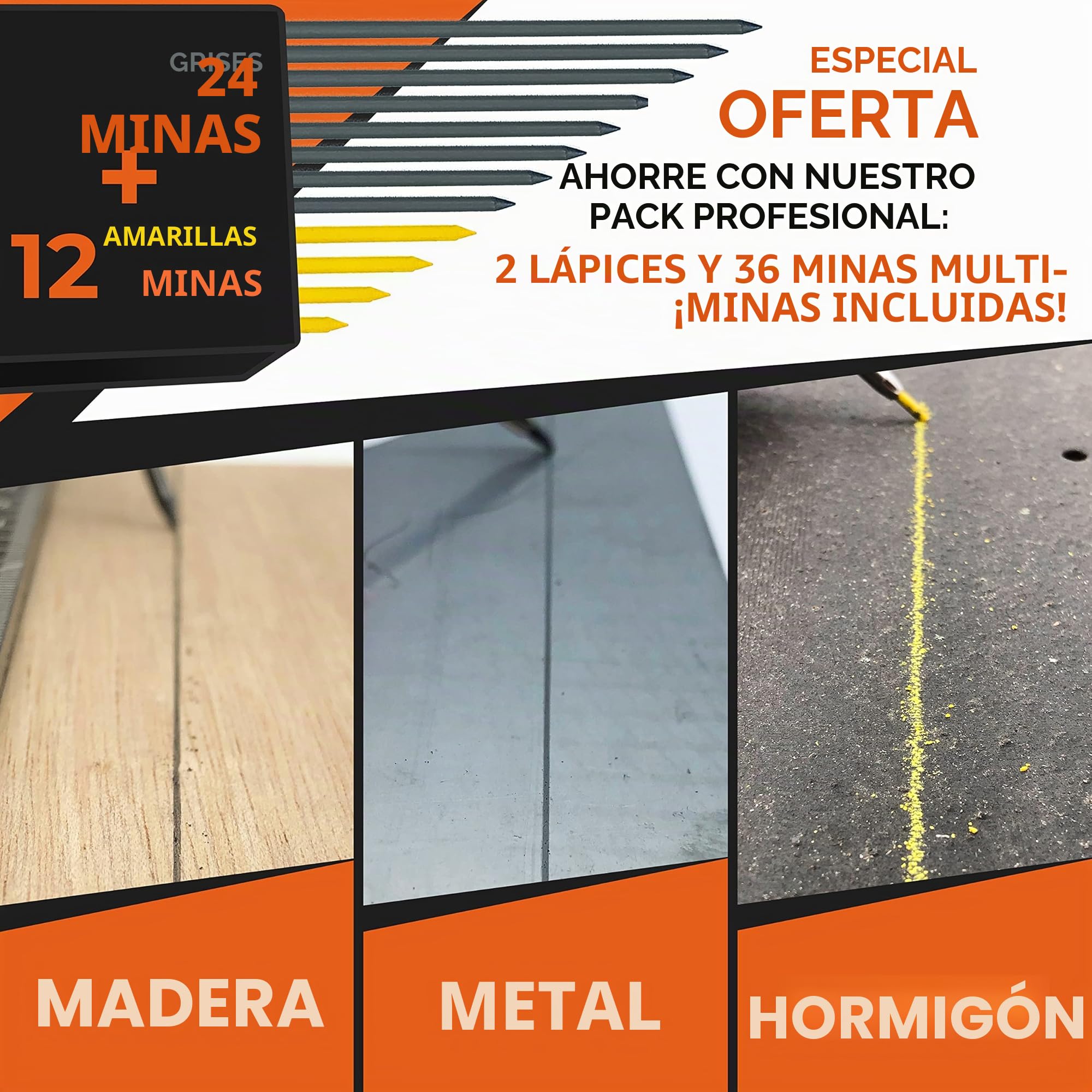 THORVALD 2 PRO Lápiz de construcción extensible [+ 38 MINE de soporte múltiple + Tamaño de mina + Agarre fácil de escribir] Portaminas para carpintero DIY Dibujo Trazado Madera aceitosa Metal Concret