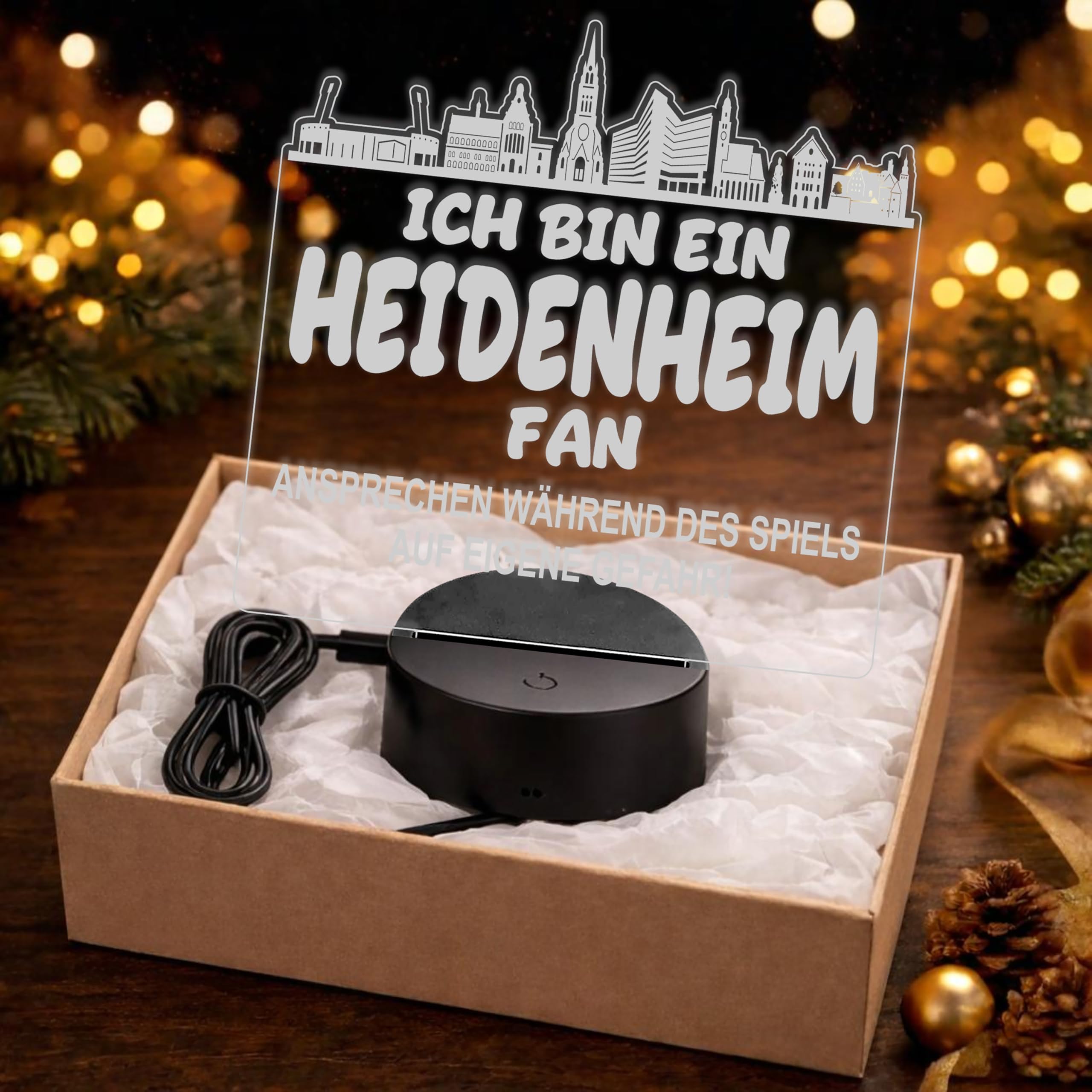 Lieblingsmensch Heidenheim Fan Fußball LED Nachtlicht – 3D Skyline Design „Ansprechen auf eigene Gefahr“ – RGB Farbwechsel mit Fernbedienung & Touch – Stimmungslicht für die Man Cave – 19x23cm