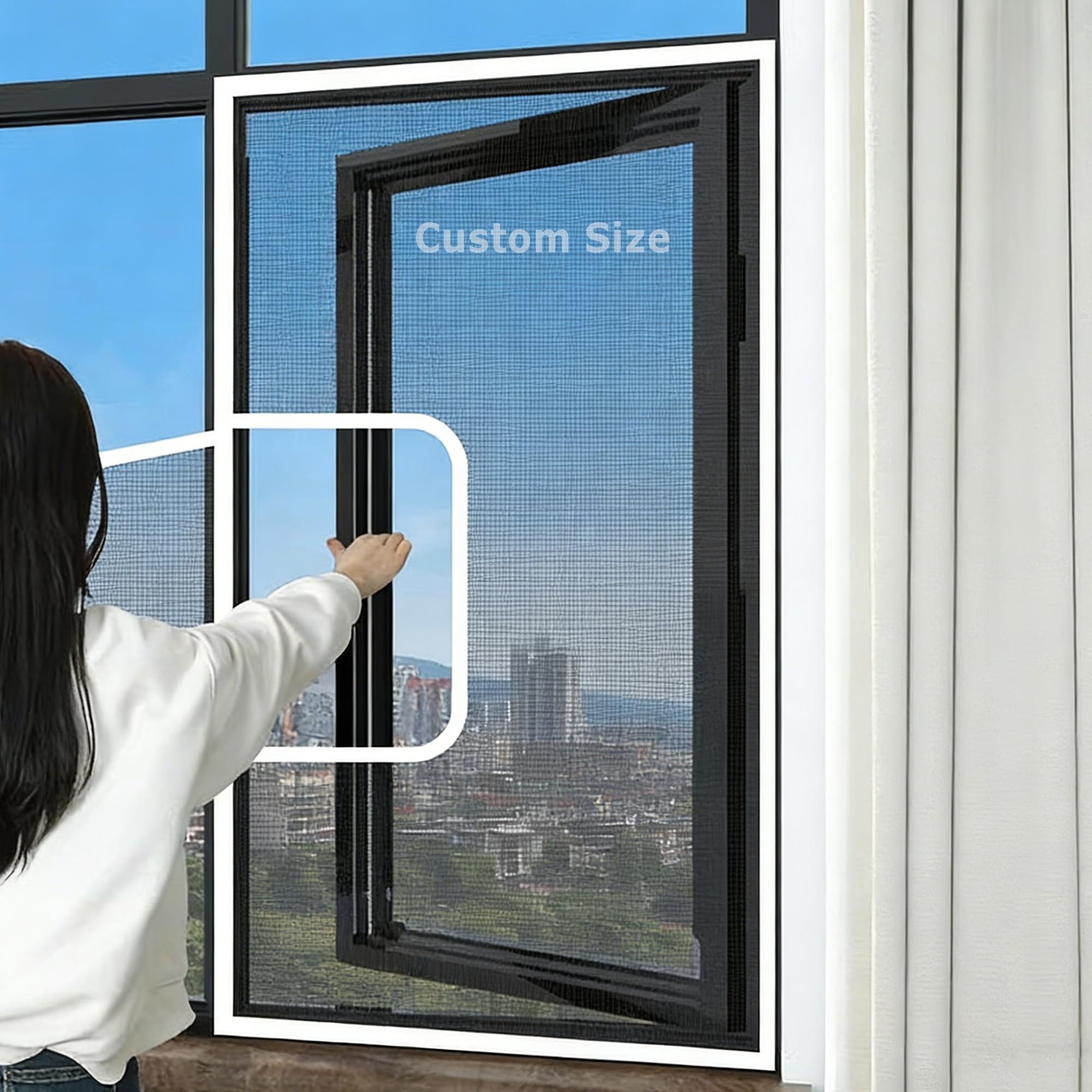 Xieminle White Custom Mosquito Window Nets, Self-Adhesive Insect Mesh Fly Screen Window Nets With Zipper, Indoor Cat Safety Netting For Balcony Kitchen, Keep Bugs Out
