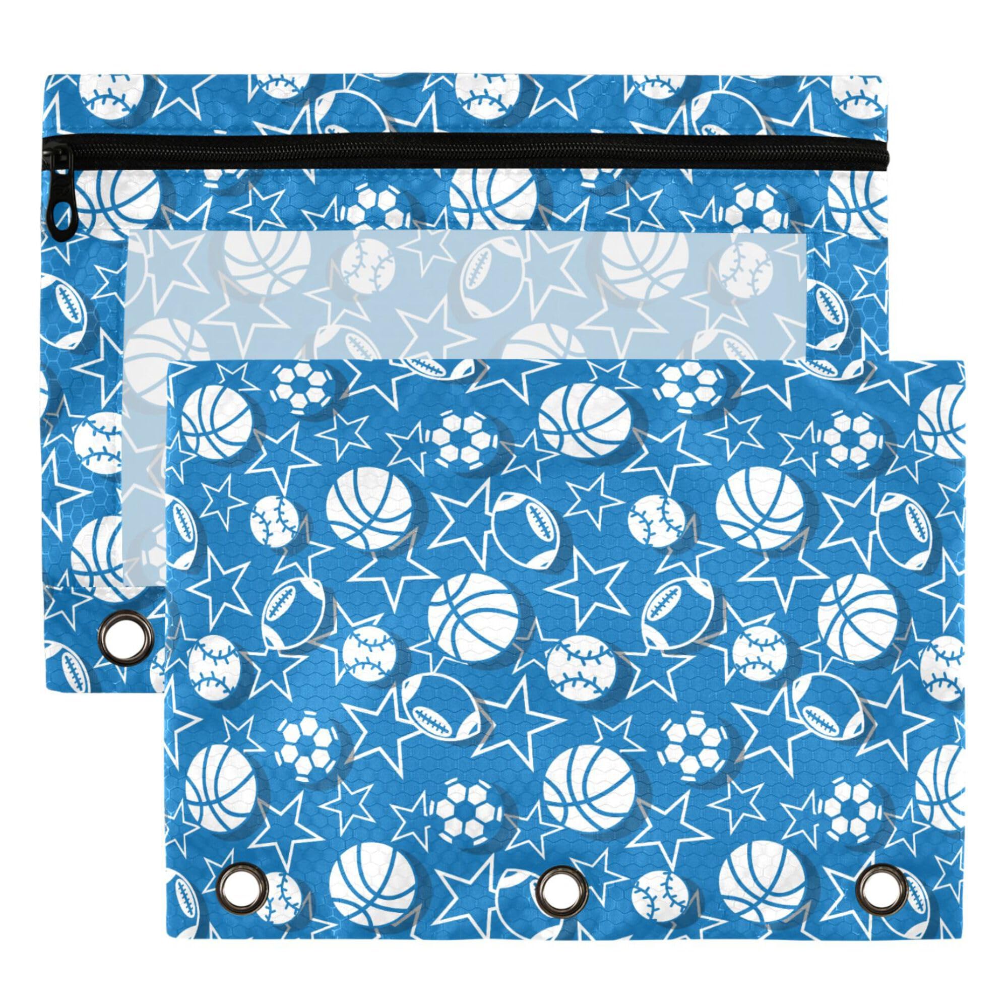Basketball America Football Binder Pouches 3 Ring for Boys Girls School Office College Supplies Football Baseball Stars Blue Pencil Pouches Case Bag