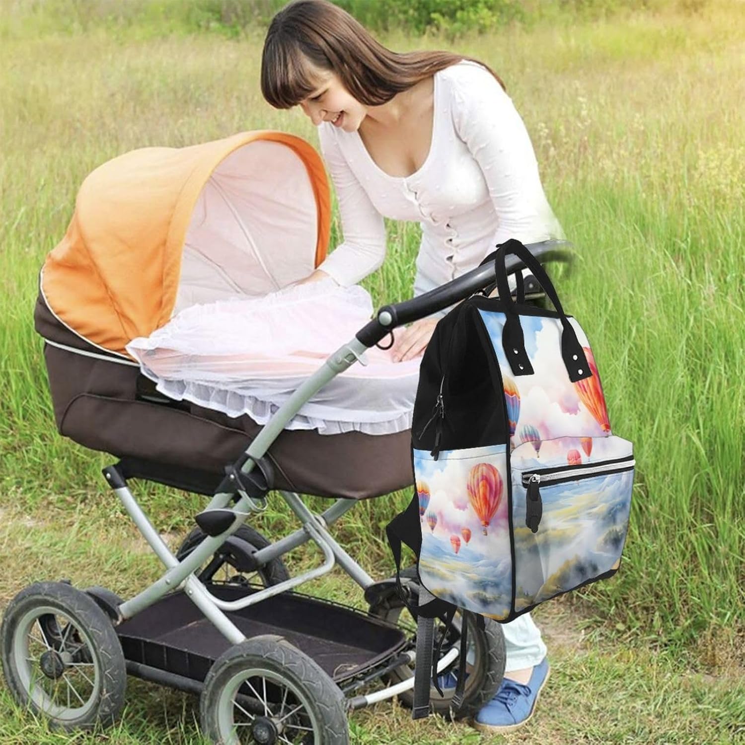 Watercolor Hot Air Balloon Pattern Diaper Bag Backpack for Women Large Capacity Nappy Bag Multifunction Waterproof Mummy Backpacks for Mom Dad Essentials Casual Daypack Travel Bags