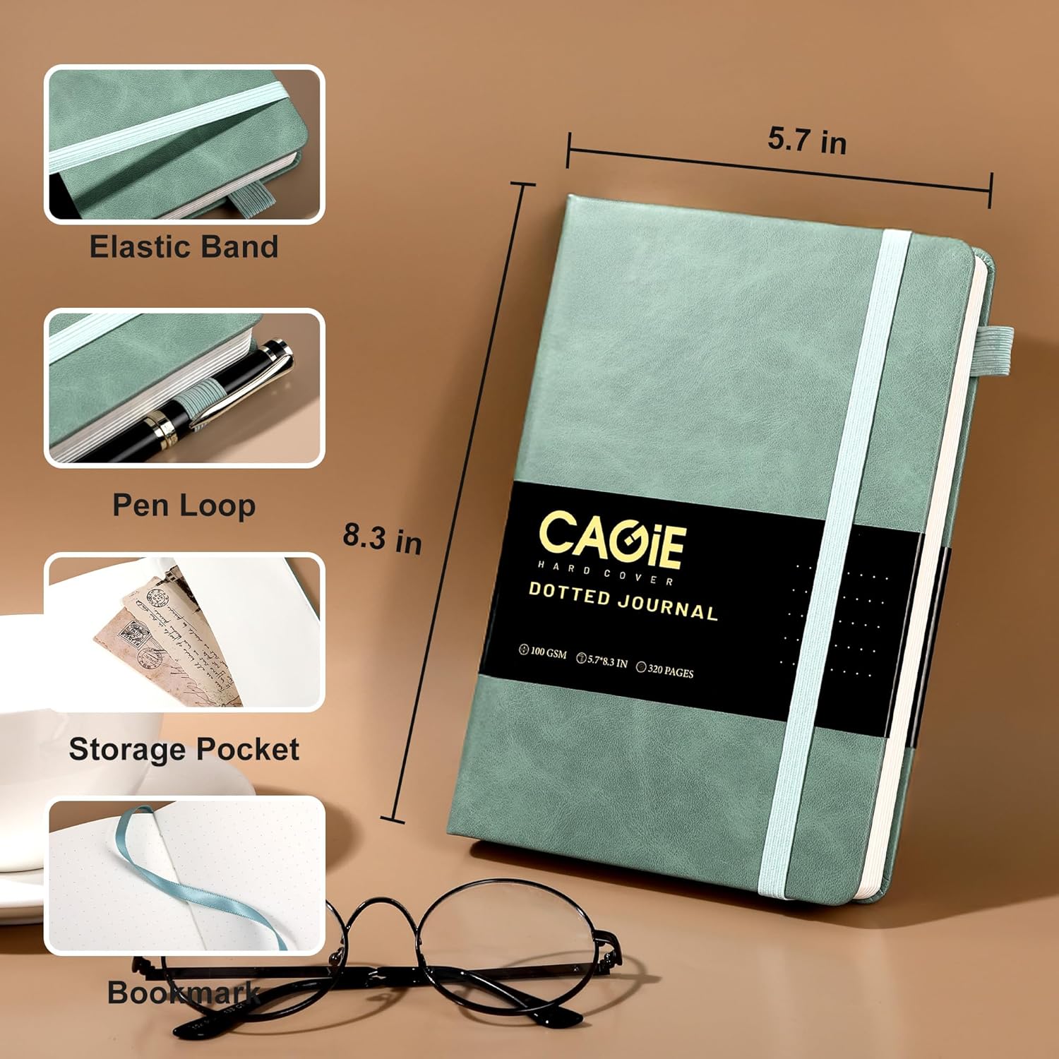 CAGIE Bullet Dotted Journal Notebook 320 Pages 100 GSM Paper Hardcover A5 Dot Grid Notebook Leather Journals for Writing Women Men Work Journaling, Green - Image 5