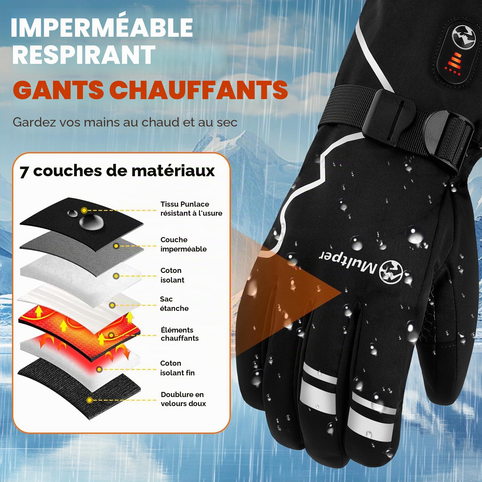 Multper Gants Chauffants Hommes Femmes, Gant Chauffant avec 7.4V 3000mAh × 2, 3 Niveaux de Chauffage, Imperméables, Écran Tactile, Gant Moto, Gant Hiver pour Hiver, Ski, Randonnée, Cadeau Homme