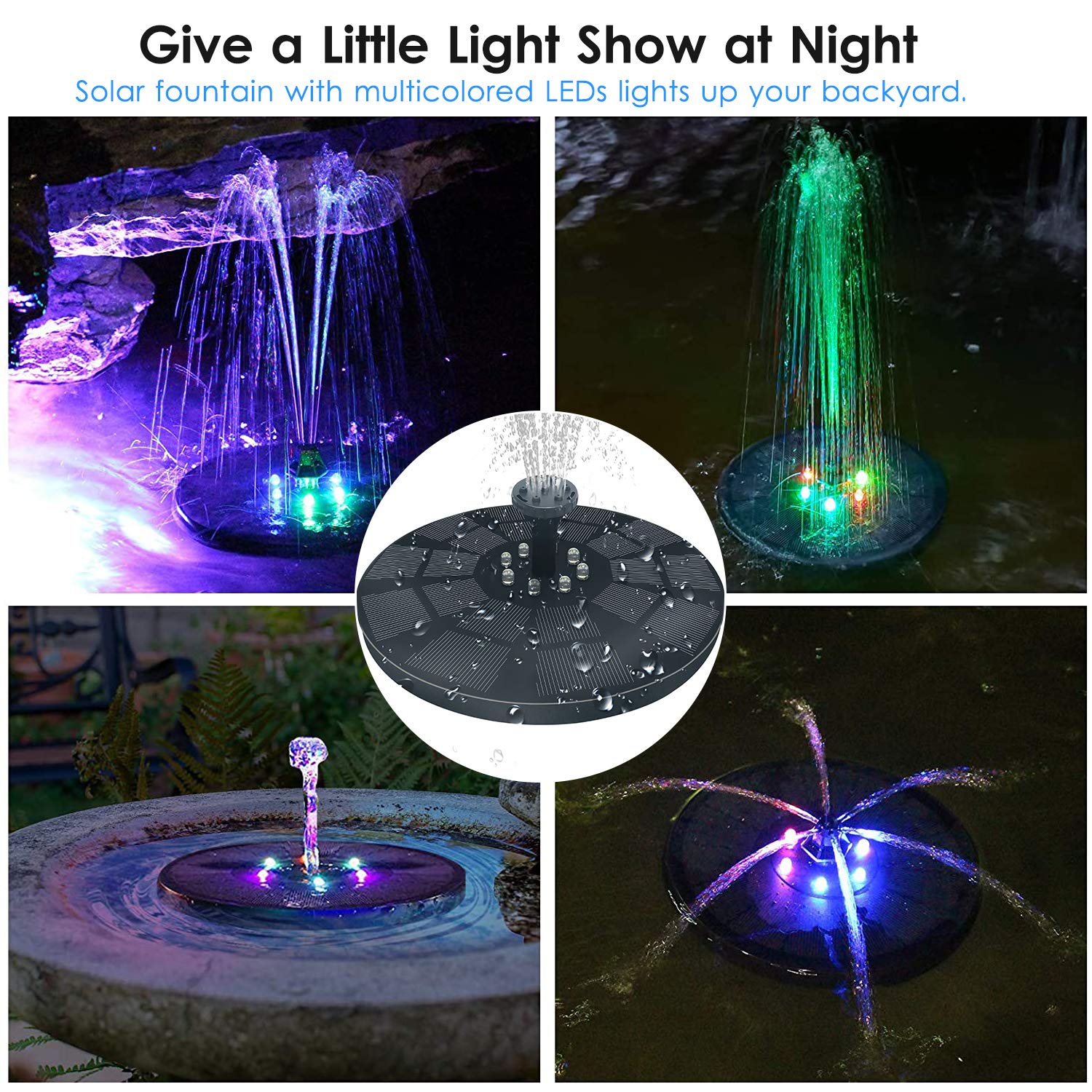 Pompa Solare per Acqua con Pannello Solare da 3 W e Batteria di Backup da 1600 mAh - Fontana Galleggiante con 7 Motivi di Spruzzo e Illuminazione a LED - Pompa Esterna Automatica