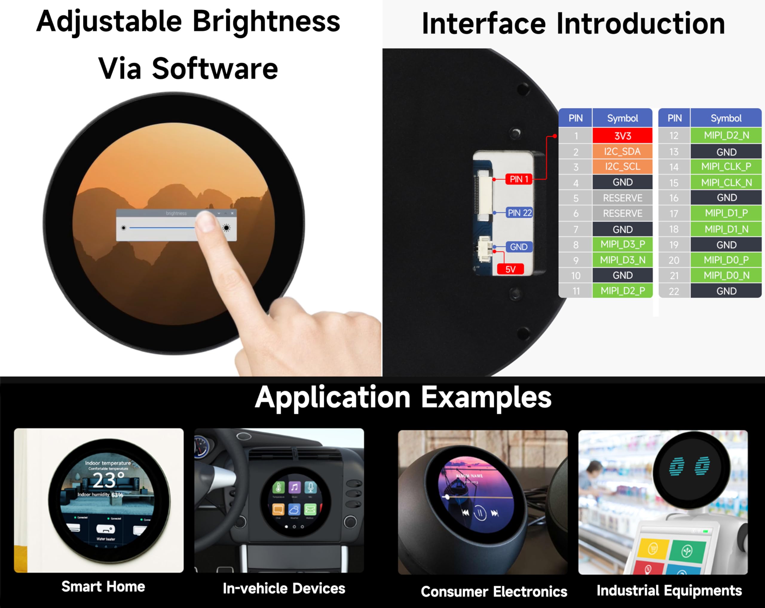 3.4inch DSI Round Capacitive Touch Display, 800 × 800 Resolution, IPS Display Panel, 10-Point Touch/Adjustable Brightness Via Software/Support Touch Screen Customization