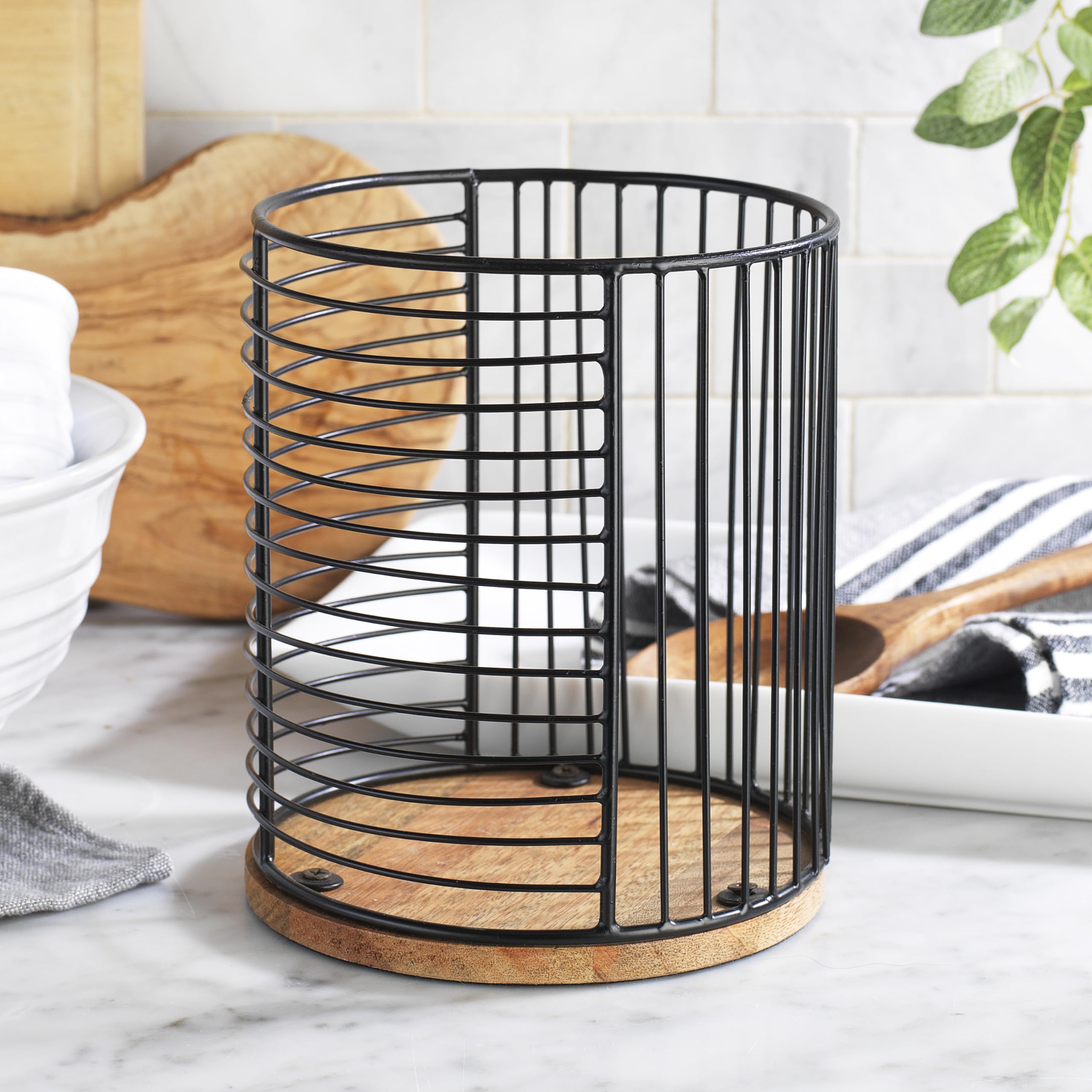 Decorative Round Wire Coffee Pod Holder - Metal Basket With Weighted Wooden Base (Black)