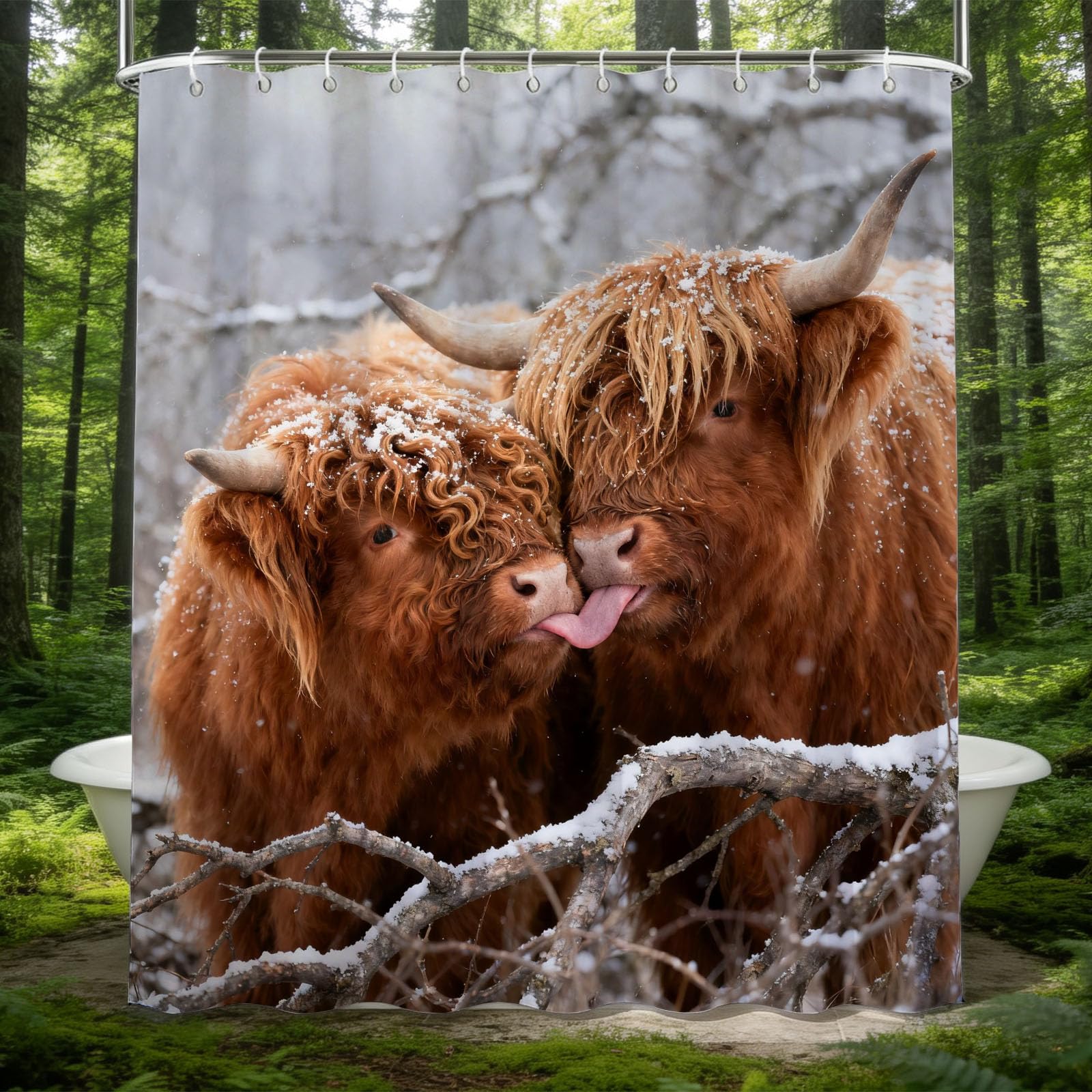 Hongduo 3D Highland Cow Shower Curtain for Stalls Bathtubs Winter Bathroom Decor Shower Curtain Set Polyester Fabric Waterproof 180x180cm/71X71 Inch with Hooks