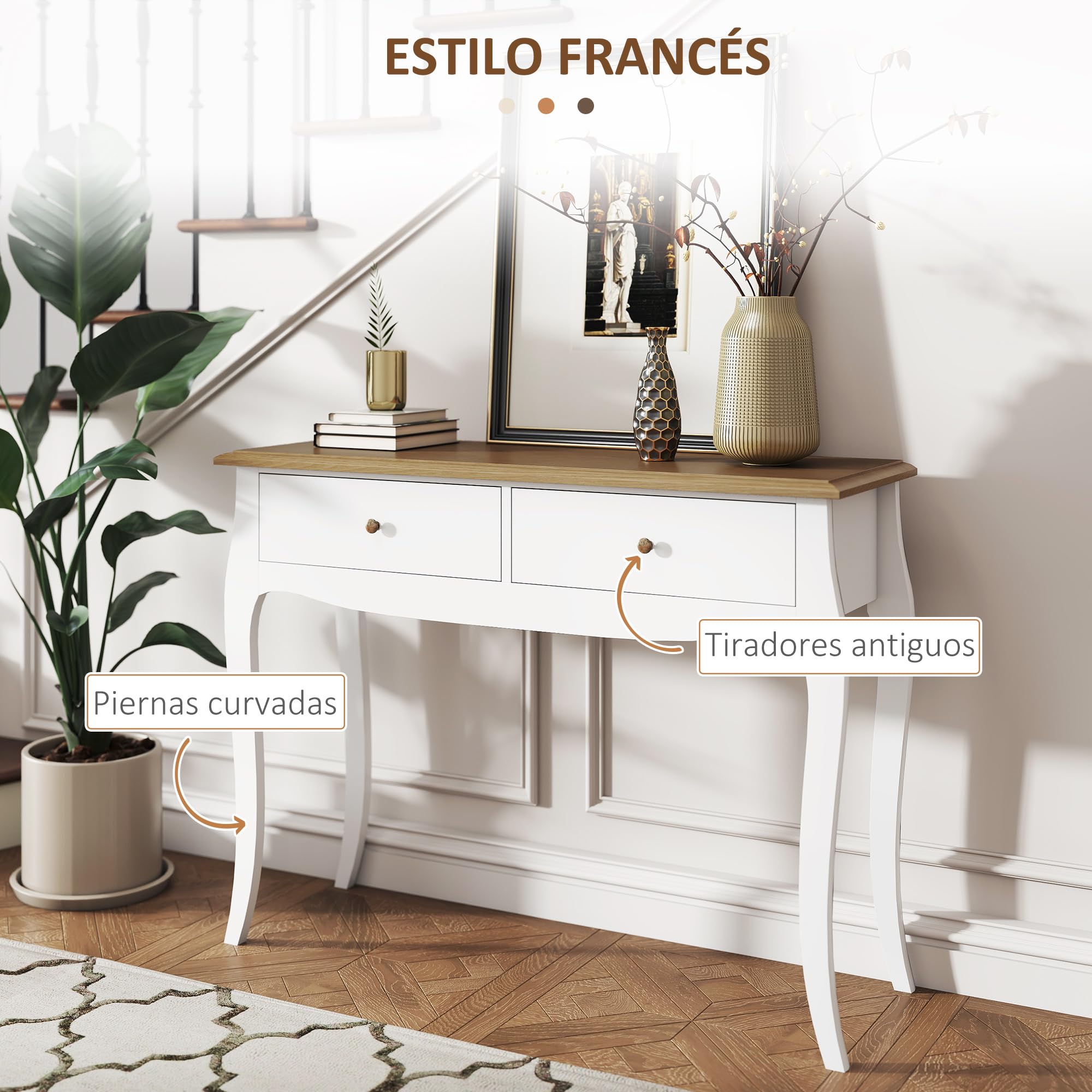 HOMCOM Mesa de Consola con 2 Cajones 100x35x76,5 cm Blanco Marrón Oscuro | Mesa de Entrada, Consola para Recibidor, Estilo Francés, para Pasillo Dormitorio Salón
