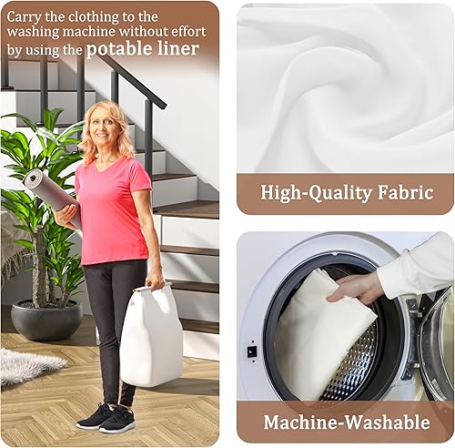 Miniatura 7 de VEIKOU Cesta con tapa, cesta de bambú para ropa sucia, 2 compartimentos, divisor para ropa sucia, cesta grande plegable de 120 litros con bolsas