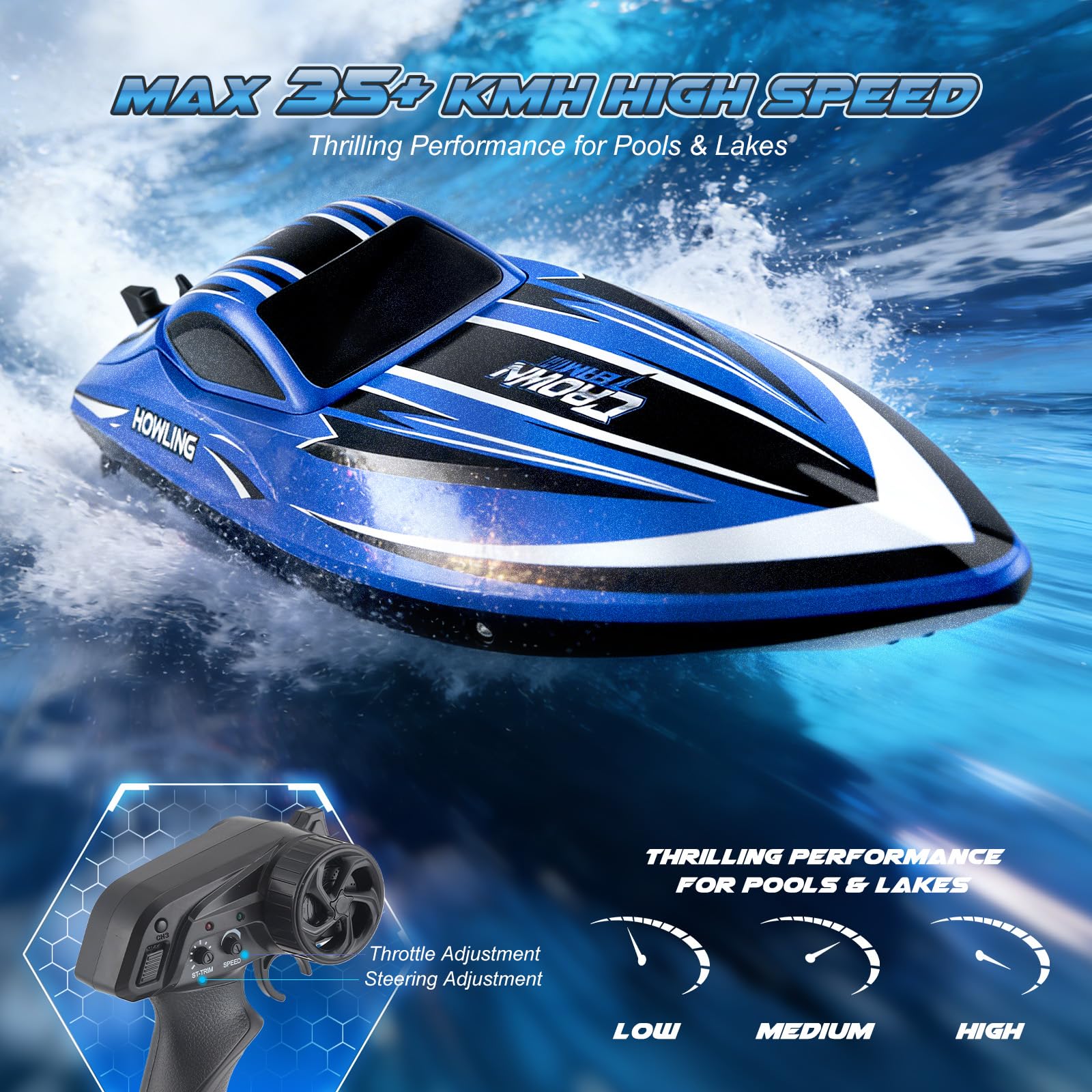 Bateau télécommandé avec éclairage LED, bateau RC de 42 cm, 35 km/h, autonome, 2 batteries, télécommande 2,4 GHz, étanche et résistant aux coups, pour enfants et adultes, piscine, lac (bleu)