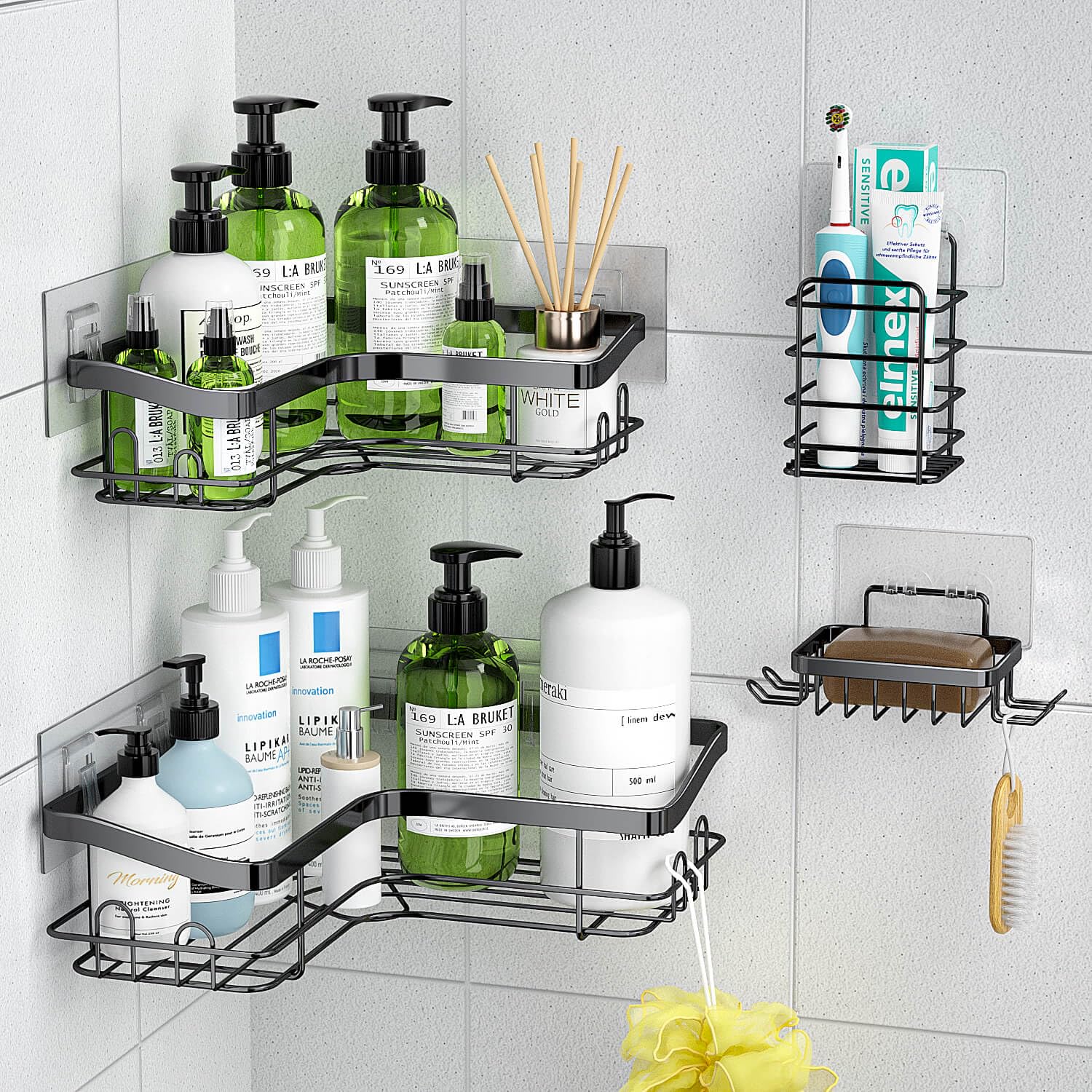 KiKiRico Corner Shower Caddy 4 Pack Adhesive Shower Organizer with 12 Hooks No Drilling Rustproof Stainless 2 Pcs