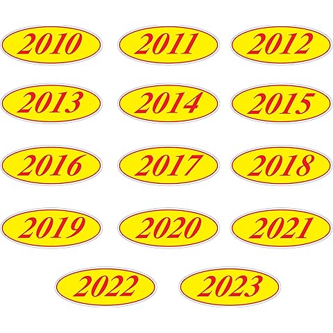 EZ-Line Oval Model Windshield Year Stickers for Car Windows Large Vinyl Dealership Supplies 14 Dozen Pro Pack 1 Dozen Each Year 2010-2023 (Red Yellow)