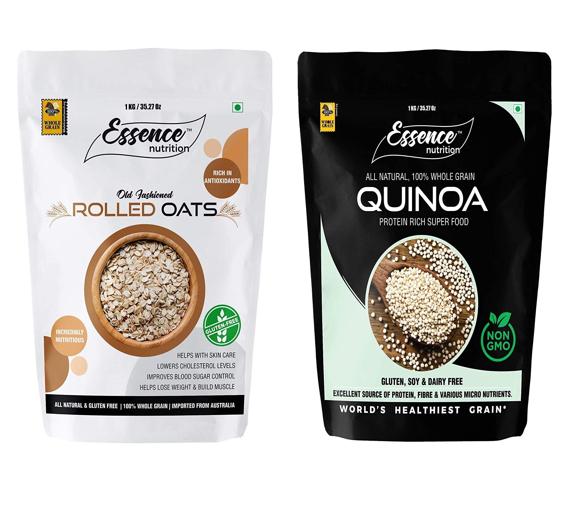 Essence Nutrition Rolled Oats & Quinoa Seeds Combo (900 Grams) - Gluten Free High Protein Cereal Combo