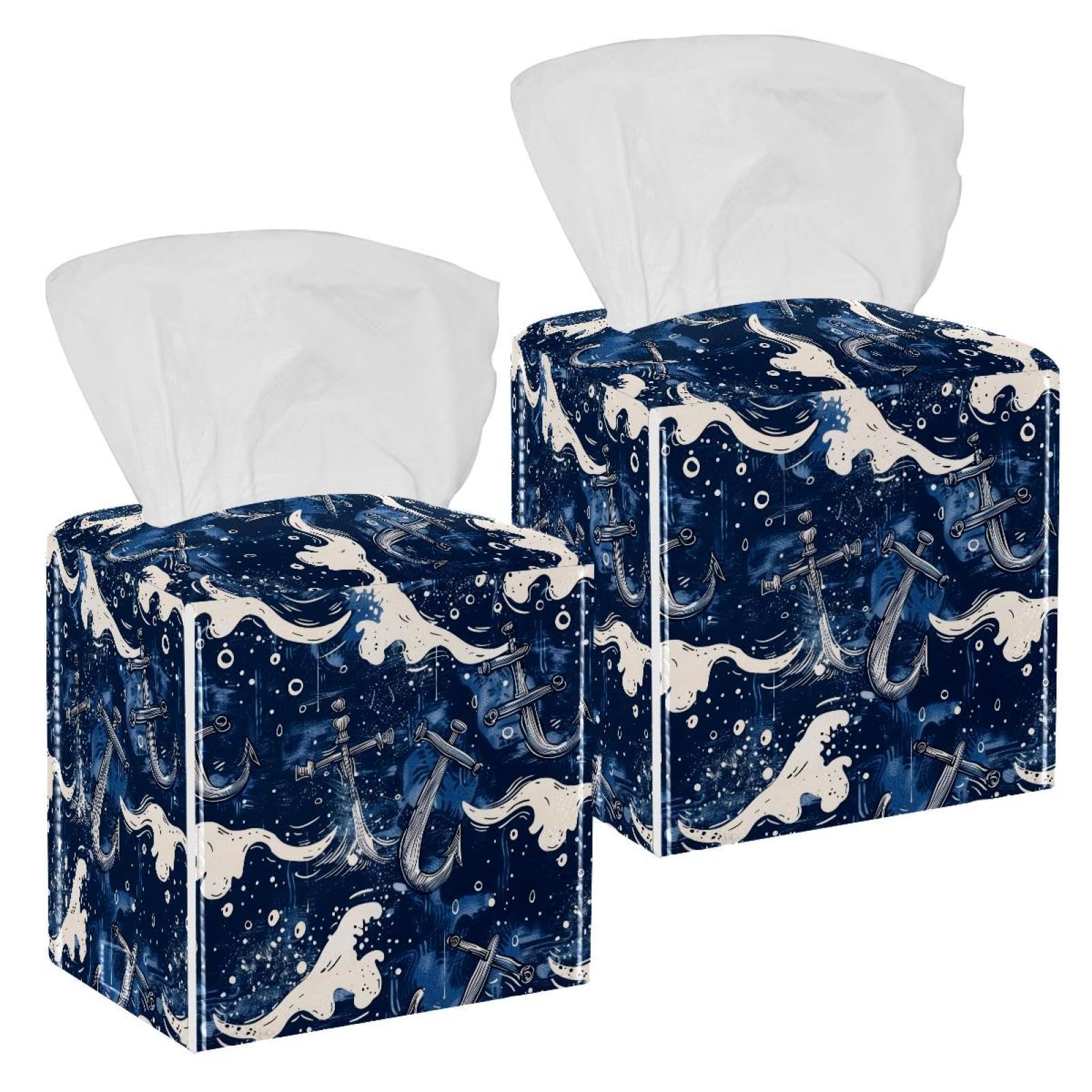 Anchors Waves Tissue Box Cover, 2 Pack PU Leather Square Facial Tissue Dispenser Box holder for Home Office Car