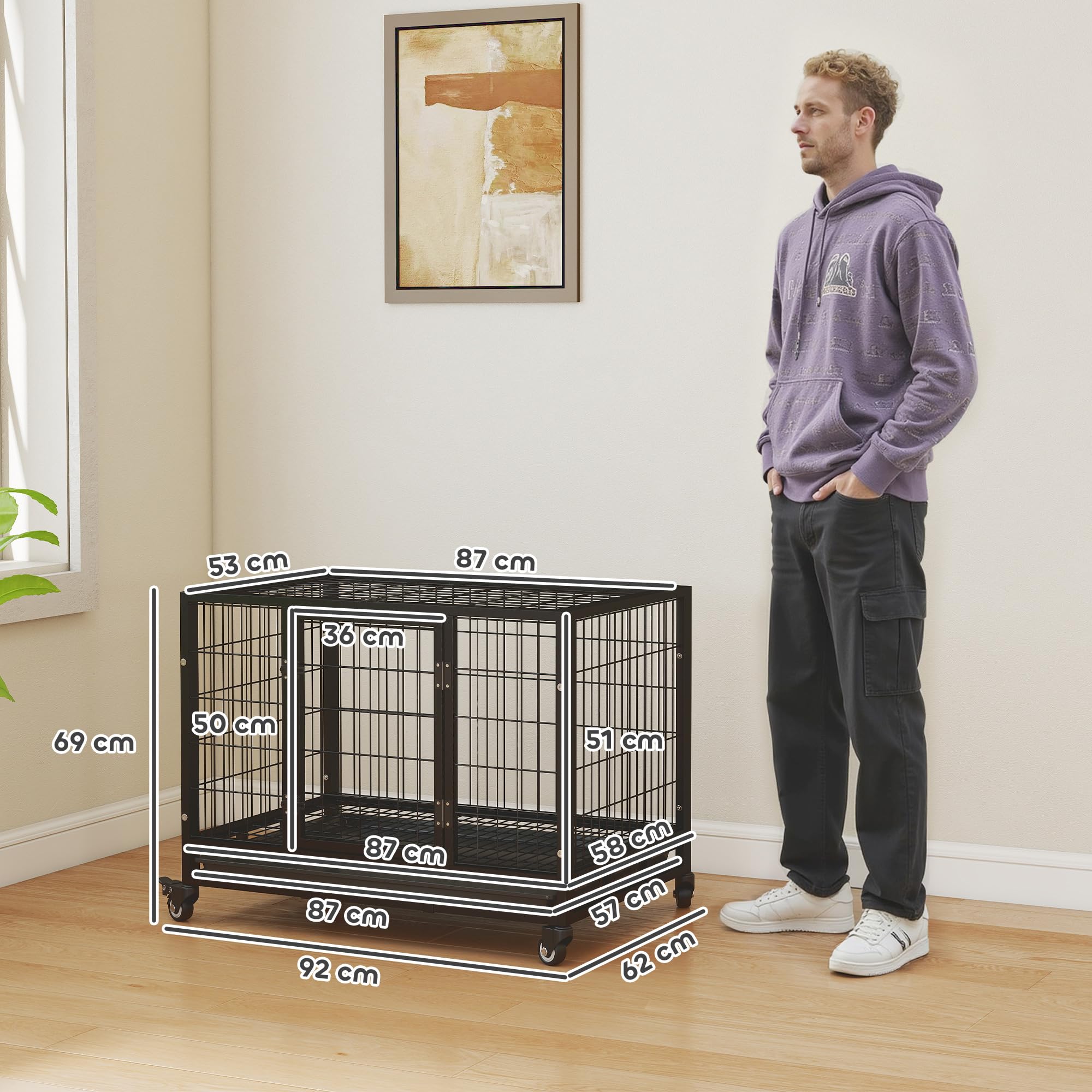 PawHut Jaula de Metal para Perros con Ruedas y Frenos Bandeja Extraíble y Puerta con Pestillo para Golden Retriver Labrador 92x62x75 cm Negro