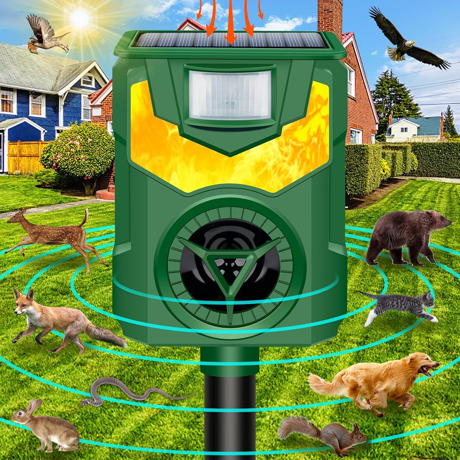 Solar Animal Repeller Outdoor,2025 Upgrade Ultrasonic Animal Repeller,Cat Repellent Outdoor,Squirrel Repellent with Motion Sensor & Flame Light,Waterproof Raccoon Repellent Devices,Repel,Deer,Rabbit