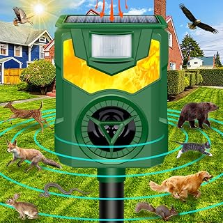 Solar Animal Repeller Outdoor,2025 Upgrade Ultrasonic Animal Repeller,Cat Repellent Outdoor,Squirrel Repellent with Motion Sensor & Flame Light,Waterproof Raccoon Repellent Devices,Repel,Deer,Rabbit