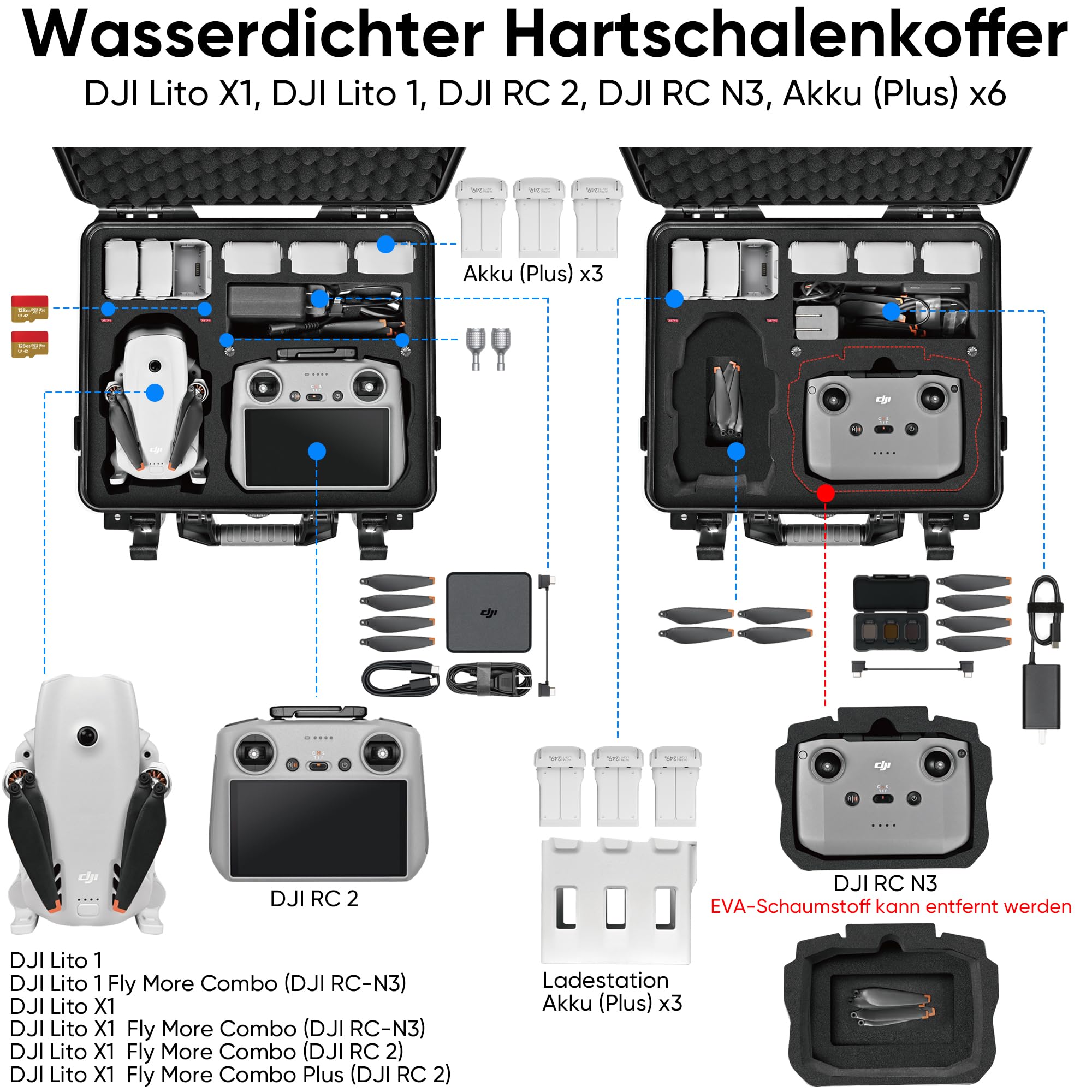 LEKUFEE wasserdichter Hartschalen-Tragekoffer für DJI Lito X1, Lito 1 Drohne, Fly More Combo, DJI RC 2/RC N3, Akkus (6 Stück), Ladehub und weiteres Zubehör (nur Koffer)