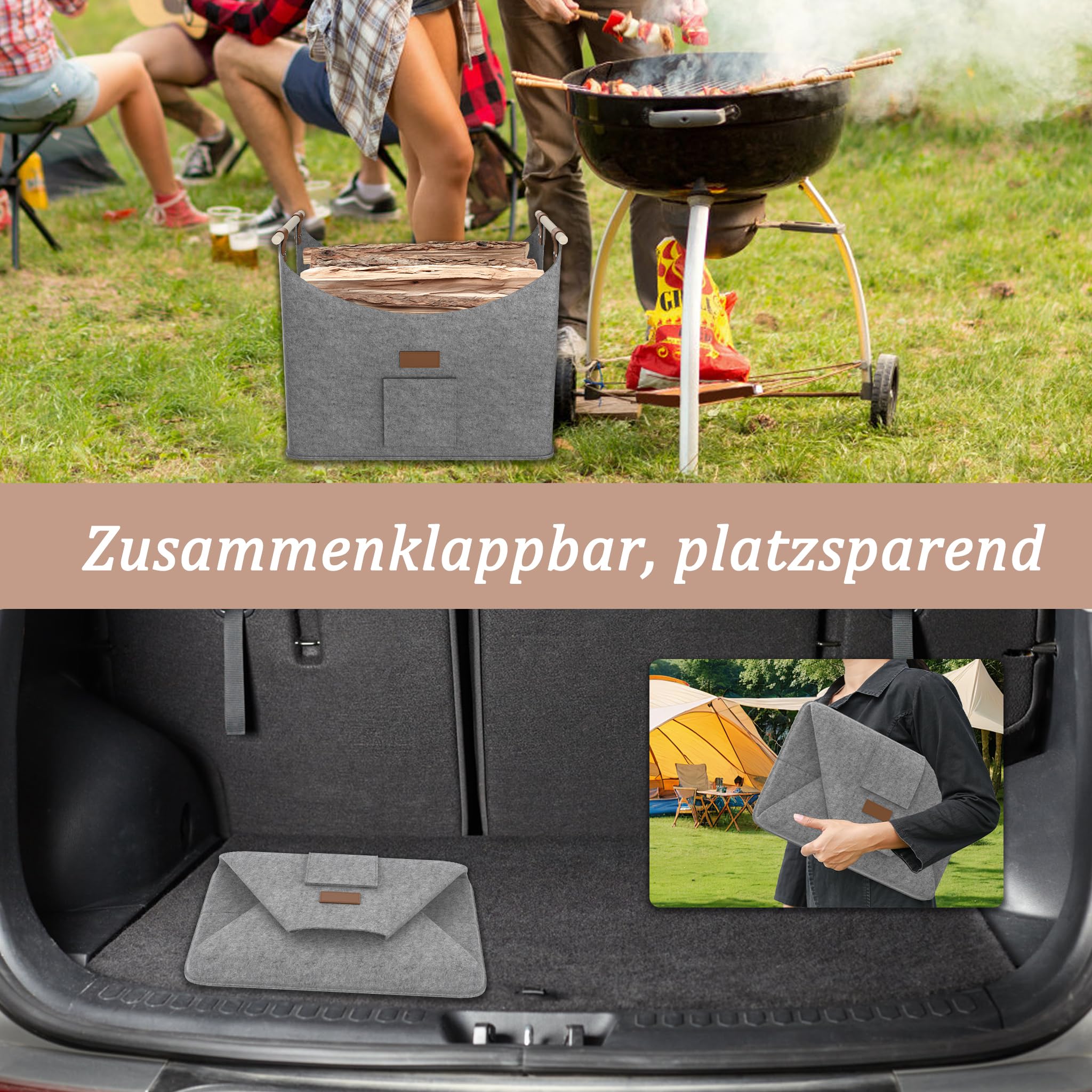 FIVMEN 2 bolsas de fieltro para leña de chimenea, plegables, con fieltro extra grueso y mango de madera reforzado, cesta de fieltro, cesta de la compra, periódicos, madera, color gris oscuro