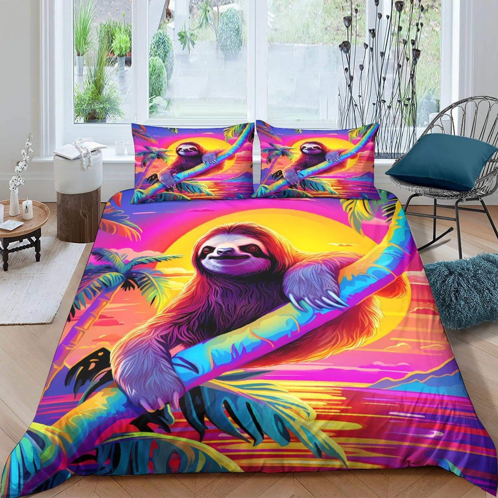 Ctjqhvkz Style-6 3D Printed Sunset Sloth Fitted Sheet Microfiber Soft Vibrant Jungle Mattress Cover For Bedroom Dorm Decor Single（135X200cm）