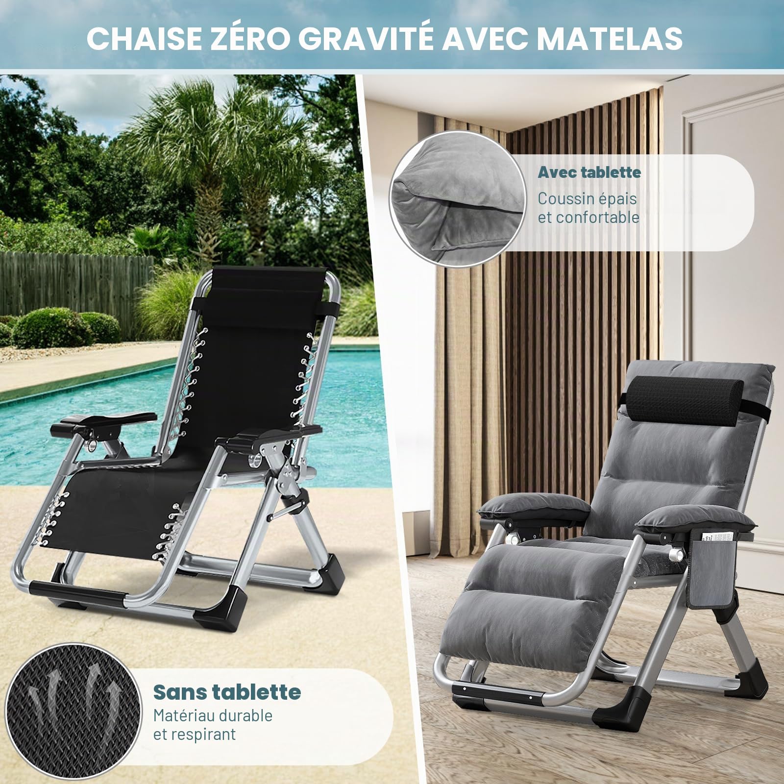 MOPHOTO Zero Gravity Chaise inclinable pliante avec coussinet et poche latérale, charge de 200 kg, parfaite pour la sieste, le salon, le balcon, le jardin, la terrasse