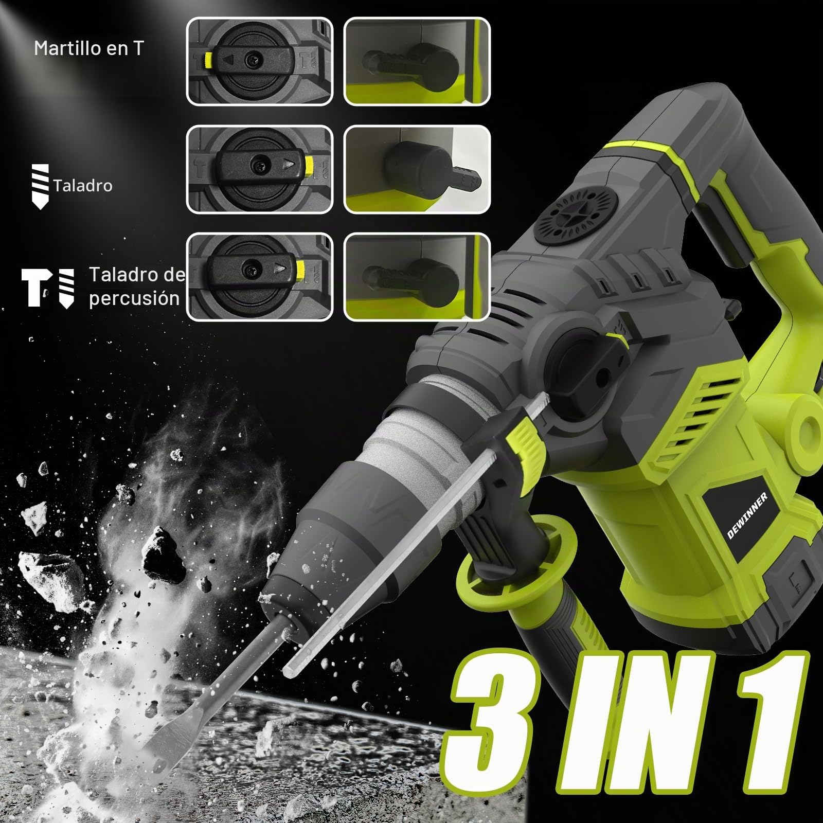 DEWINNER Martillo Percutor SDS-Plus,1500 W, 6 velocidades, 850RPM, 4400BPM, 5.5J, embrague de seguridad y tecnología antivibración, 3 funciones, incluye organizador, cincel y broca de 32mm