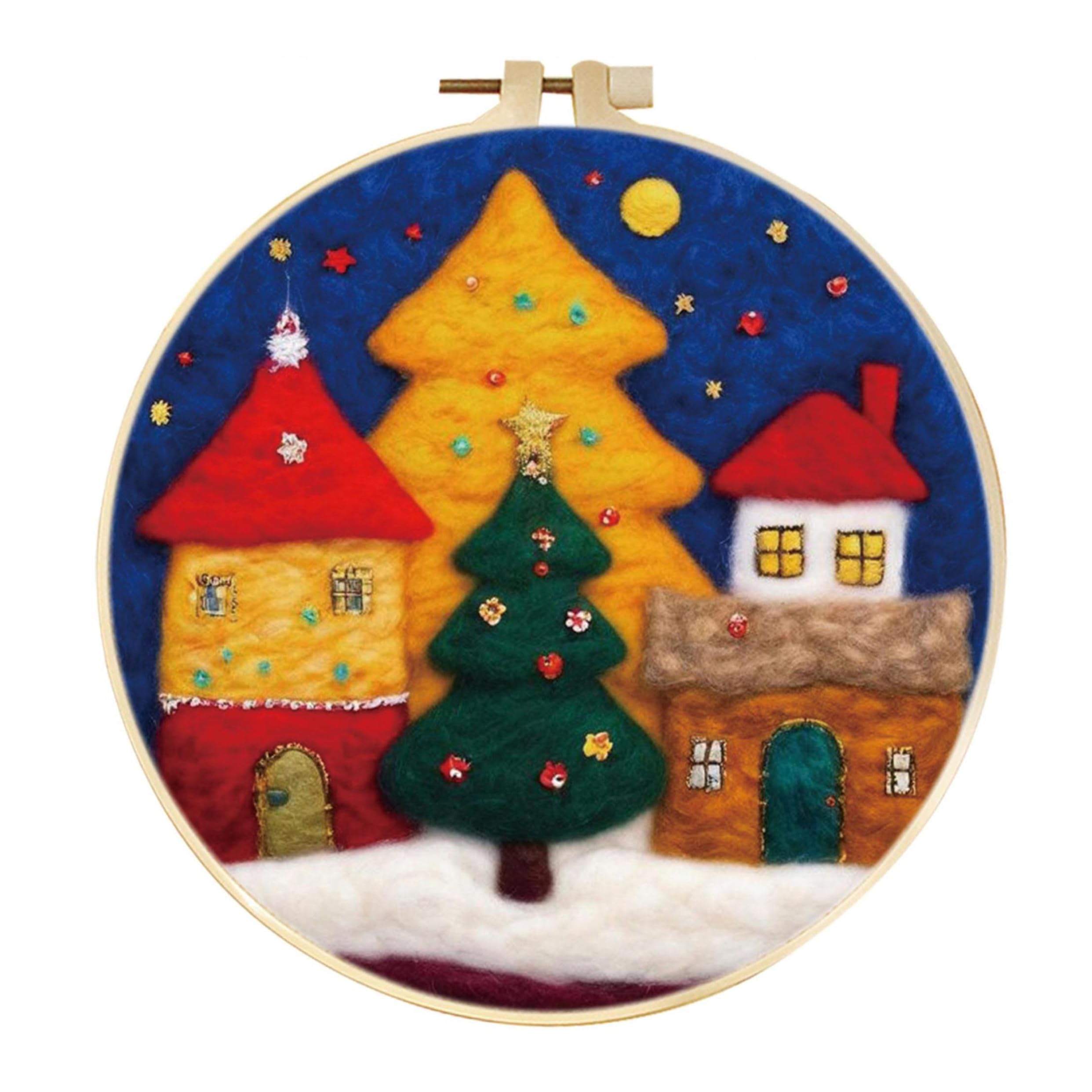 yesJRL Chritmas Needle Felting Kit, Felt Painting Kits for Beginners, Felt Painting Set Gift for Home Decoration, Starter Needle Felting with Pad, Needles, Wool, Decorative Frame (Holiday decor-01)