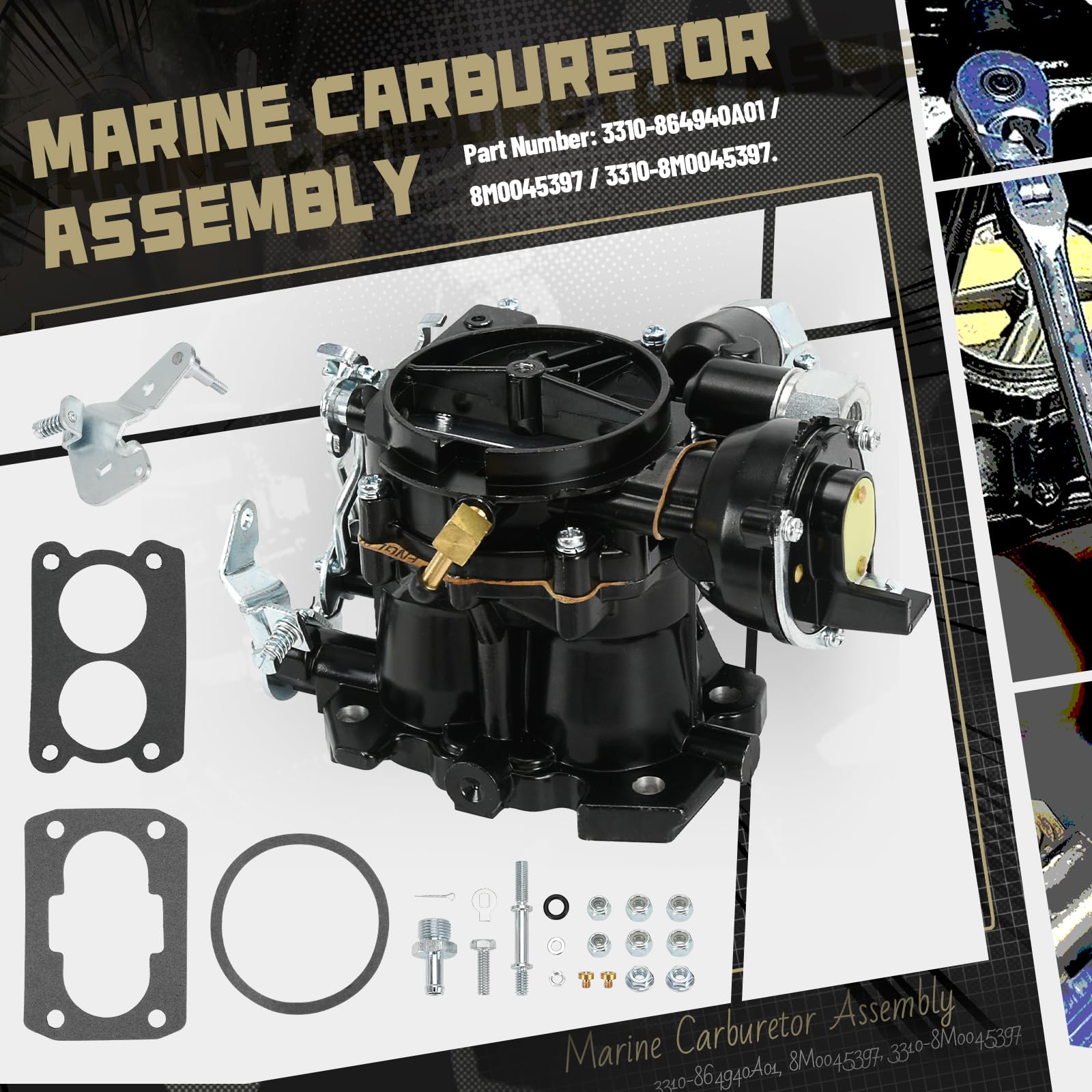Carburatore marino per Mercruiser 3.0 Carburatore 2 Barrel Carb per Mercury Mercarb 3.0L 2.5L 4CYL Motore con getti e W/Electric choke Long Linkage Guarnizione 3310-864940A01 8M0045397
