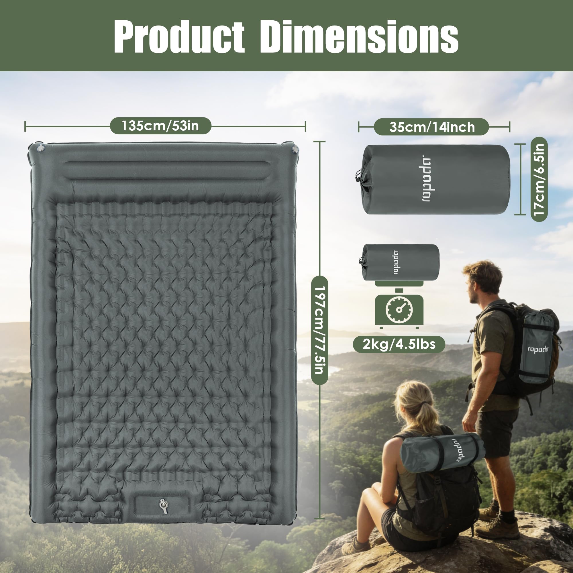 ROPODA Alfombrilla de camping, colchón ultraligero doble con, bomba de pie integrada, cama de camping impermeable doble con bolsa de transporte para senderismo (Gris)