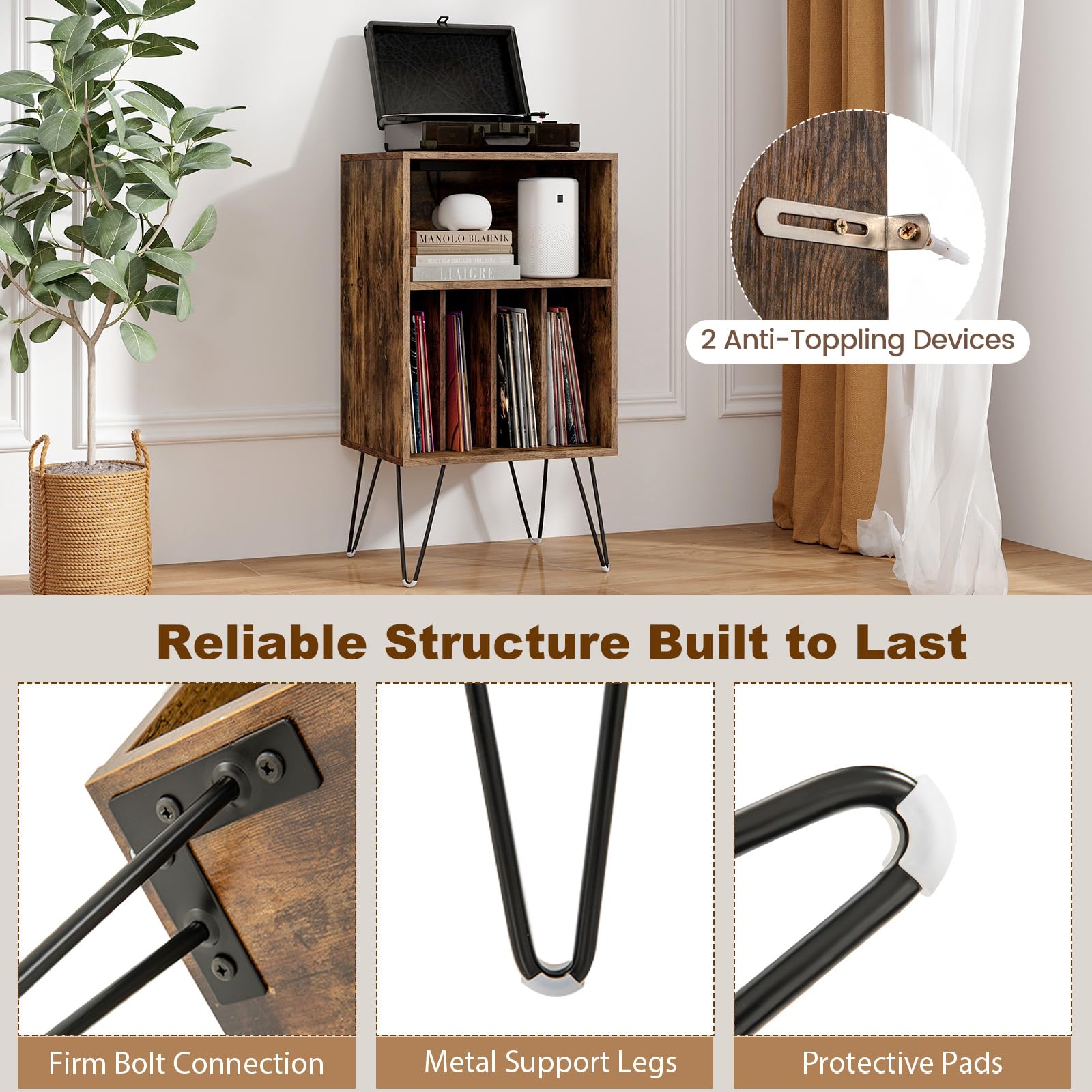 KOMFOTTEU Supporto per Giradischi in Vinile con Stazione di Ricarica, 5 Scomparti, Espositore per Dischi con Gambe in Metallo, Mobile Giradischi Capacità di Carico 50kg, 48 x 40 x 88 cm (Marrone)