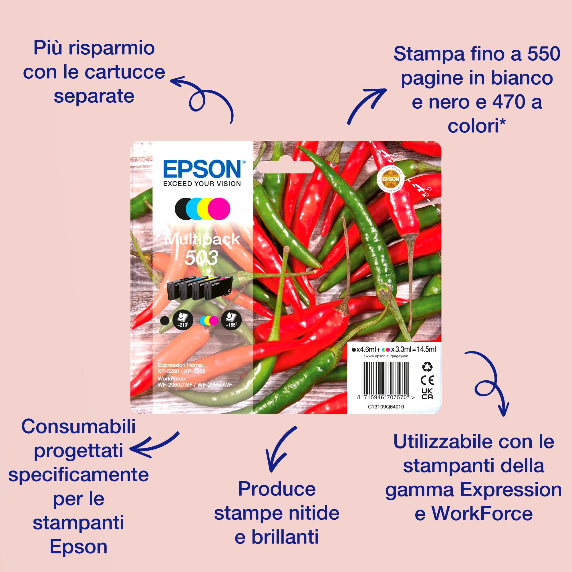 Epson 503XL Serie Peperoncini,Cartucce per stampante getto d'inchiostro, Multipack 4 colori (Nero, Ciano, Magenta, Giallo), Formato XL, Stampe affidabili casa e ufficio, Confezione Retail,C13T09R64010