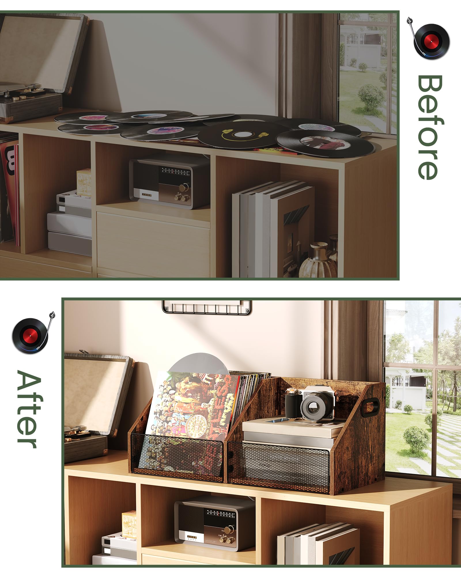 CHOEZON TCW20BF - Almacenamiento de discos de vinilo de doble compartimento de 27.6 pulgadas con organizador de archivos de malla de metal, caja de almacenamiento para álbumes de fotos, álbumes de