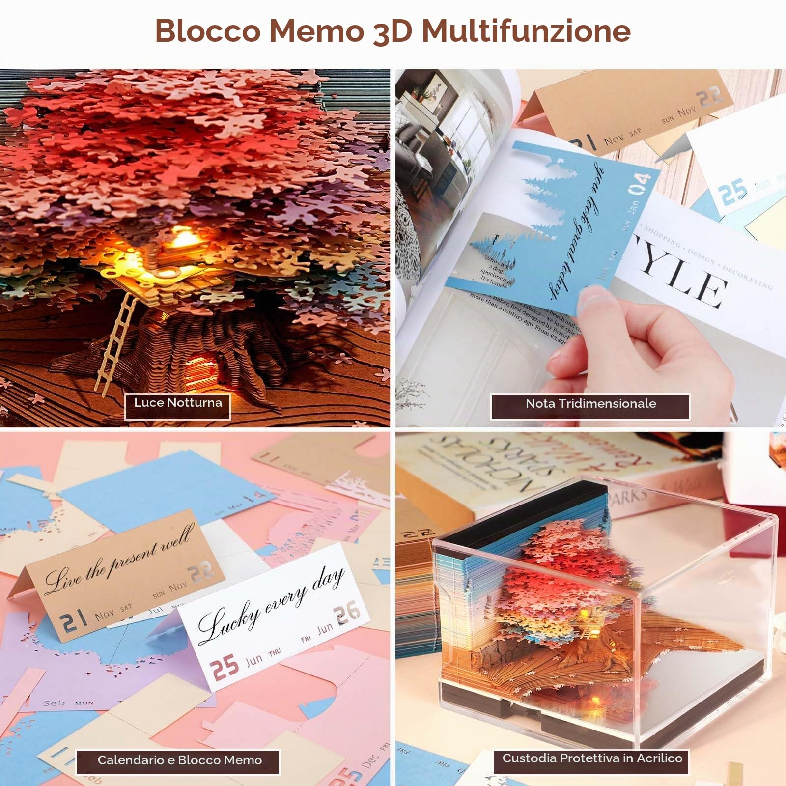 2026 Calendario da Tavolo 3D Blocco note con luce, 2026 Calendario scrivania 3D della casa sull'albero Calendario tempo 3D Calendario della vita Artigianato artistico intaglio fai da te Regalo