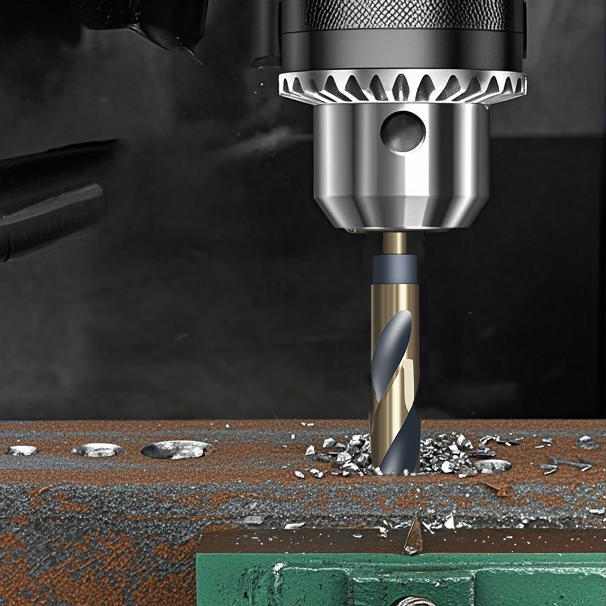 HUHAO Bohrer-Bit-Set mit reduziertem Schaft, 8 Größen von 9/16 Zoll bis 2,5 cm, HSS 4341 für robustes Metall und Stahl, 10 mm und 1/2-Zoll-Schaft, schwarzes Nitrid und goldfarbene Titanbeschichtung
