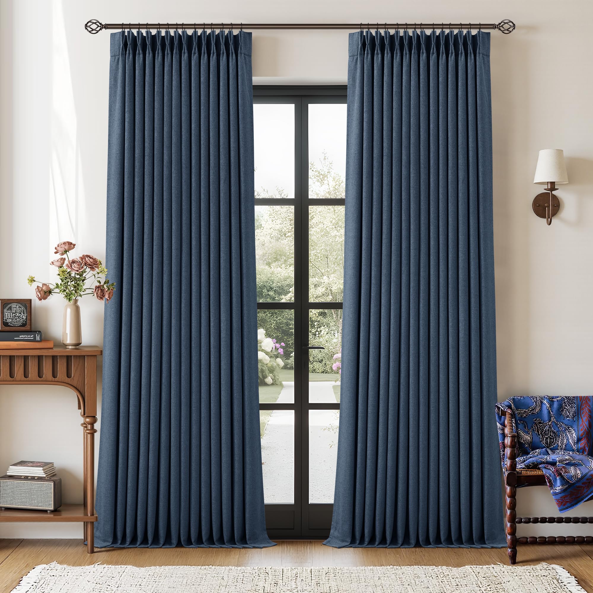 Navy Blue Pinch Pleated Linen Blend Full Blackout Curtains 86 Inch Length