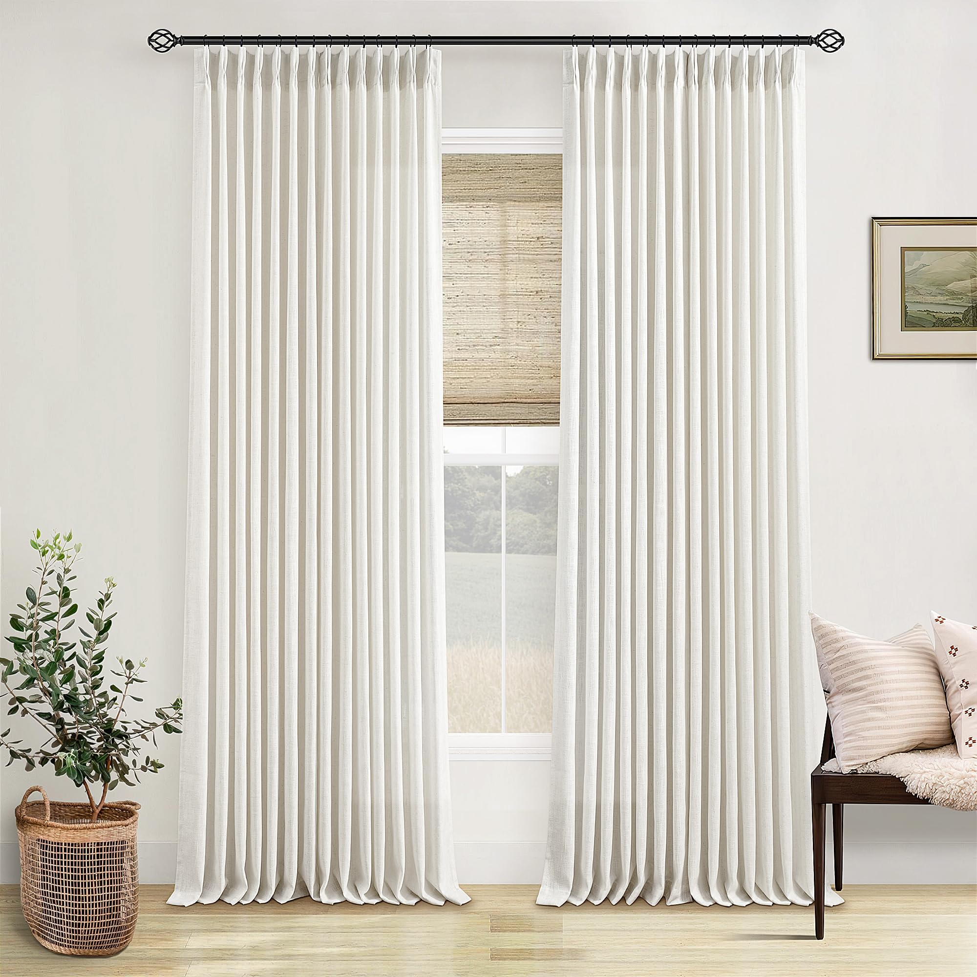 Pinch Pleated Linen Curtains 108 Inches Long for Living Room 2 Panels Set Cream Ivory Flax Double Pleated Drapes Back Tab Neutral Boho Ceiling Floor 108 Inch Window Curtains Bedroom Natural Birch