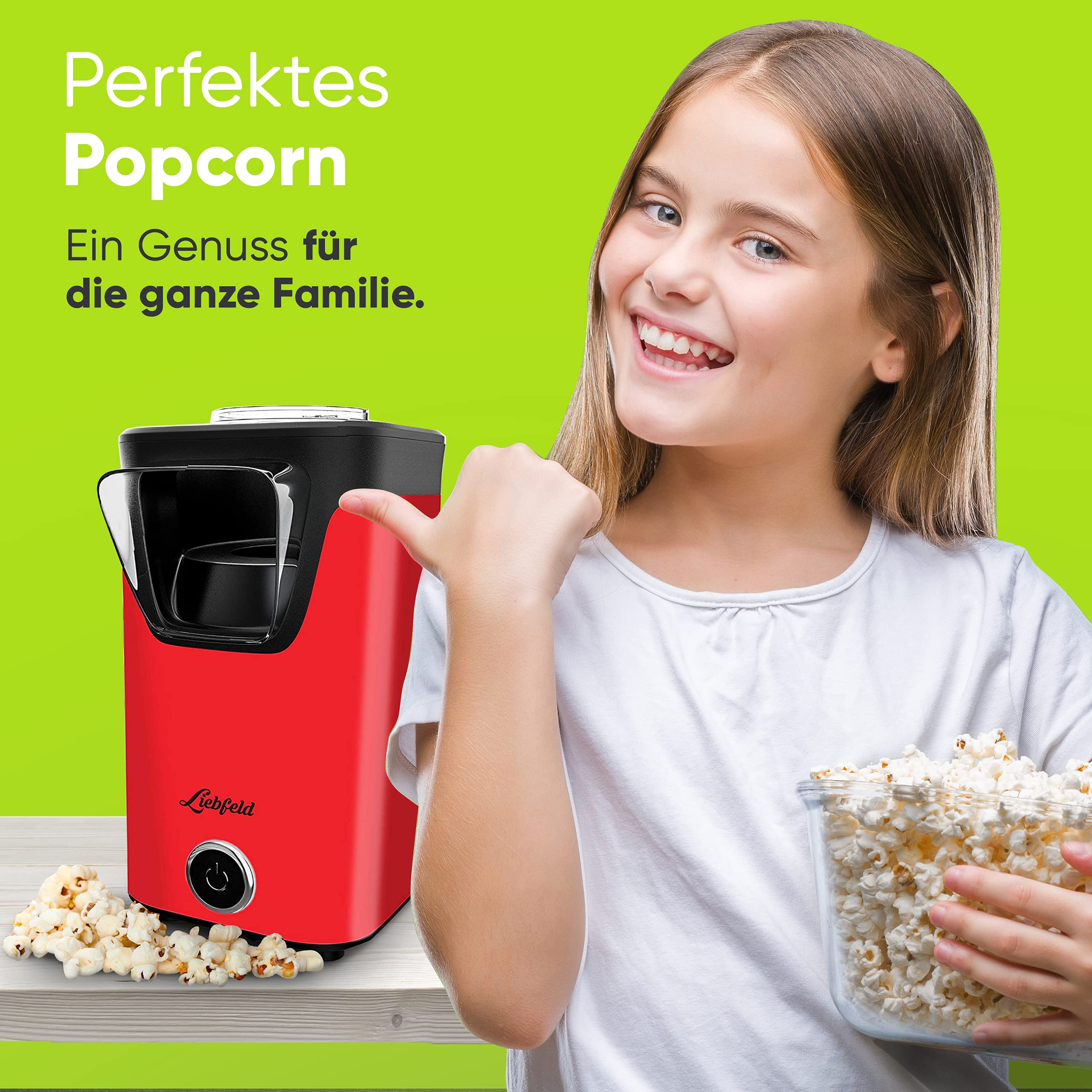 Liebfeld Popcornmaschine - Heißluft Popcorn Maker ohne Fett & Öl - Retro Küchen Gadget für Pop Mais mit Zucker, Salz - Cooler Snack Automat (Rot)