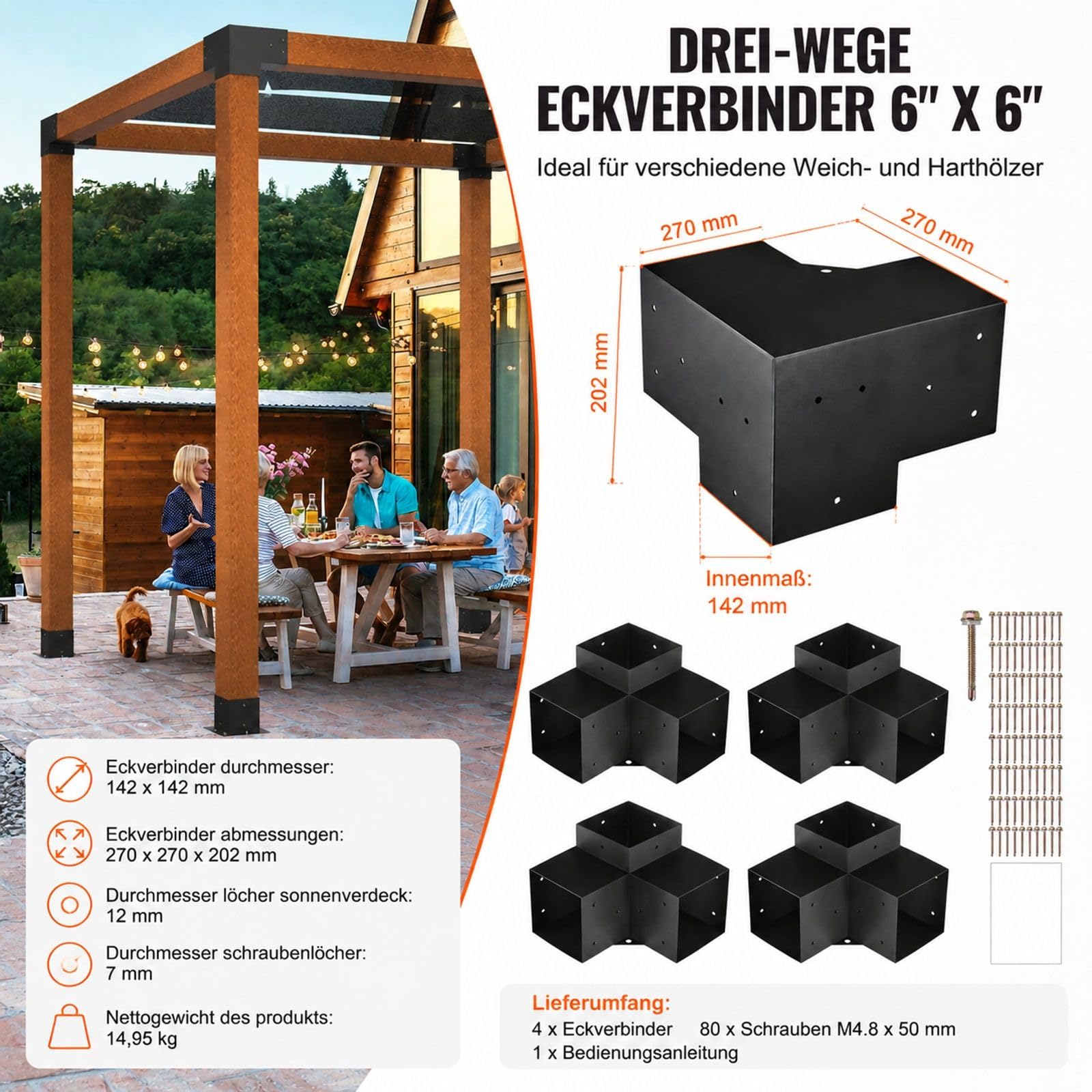 4er-Set 3-Wege-Pergola-Winkelverbinder für Holzbalken