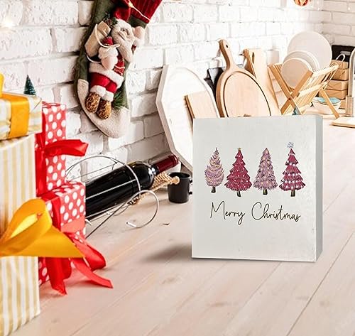 Miniatura 2 de Placa de madera con letrero de árbol de Navidad rosa - Feliz Navidad decoración del hogar para mesa