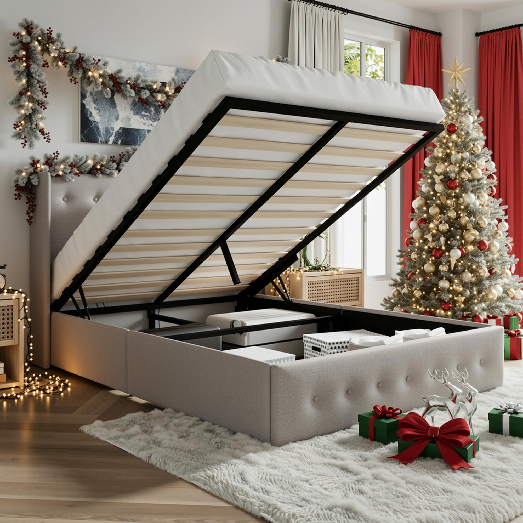 SHA CERLIN Full Size Lift Up Storage Bed / Button Tufted Wingback Headboard / Upholstered Platform Bed Frame / No Box Spring Needed / Solid Wood Slats Support / Beige