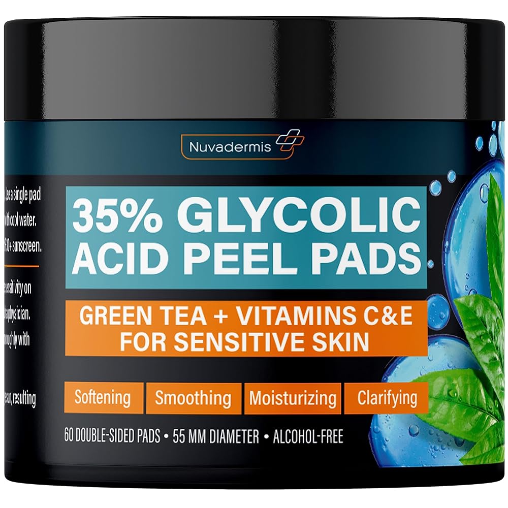 NUVADERMIS 35% Glycolic Acid Peel Pads - Exfoliating Facial Resurfacing for Blackheads, Dark Spots, and Acne - Safe for Sensitive Skin - 60 Double-Sided Pads